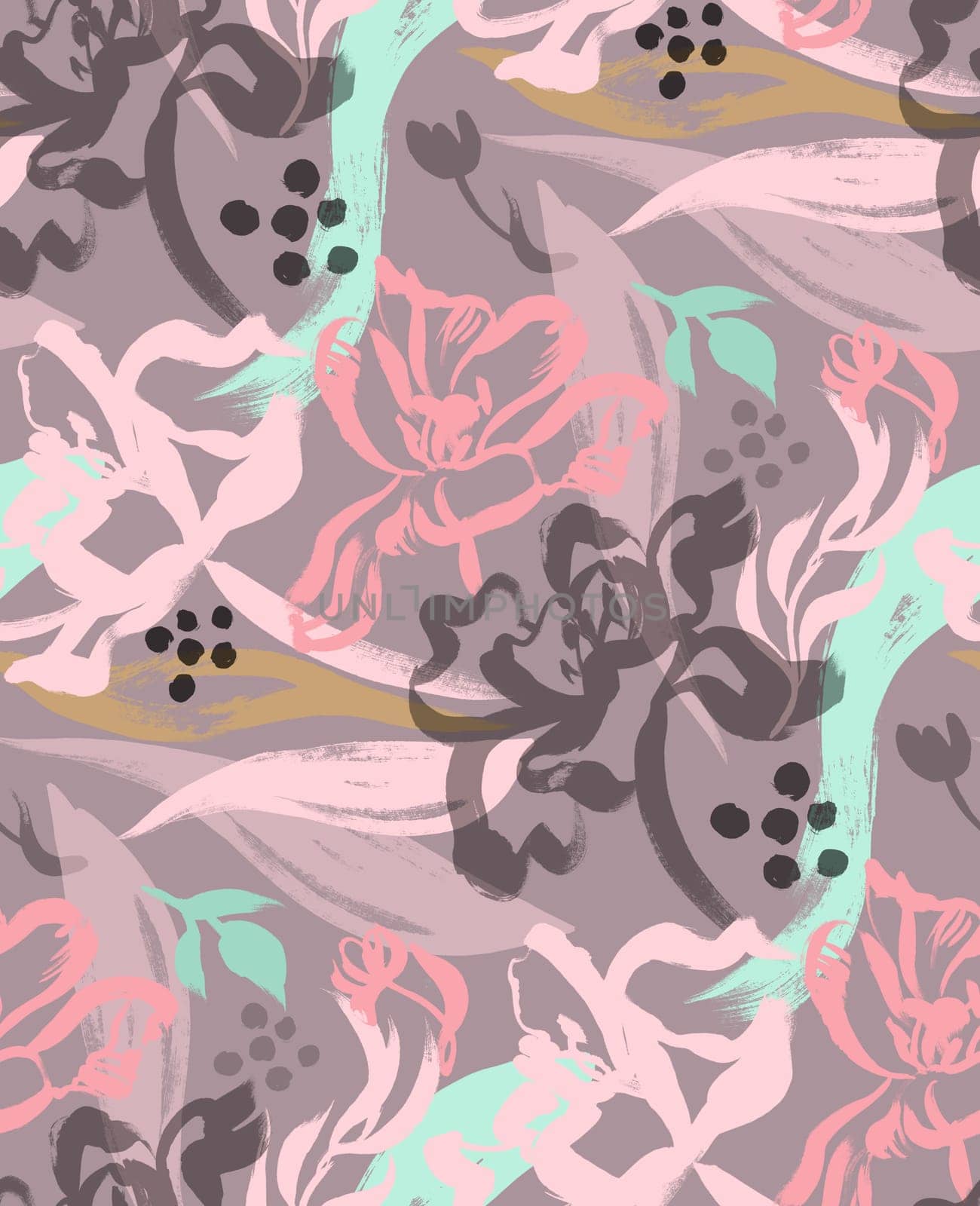 brown flower seamless pattern with tulips painted with brush by MarinaVoyush