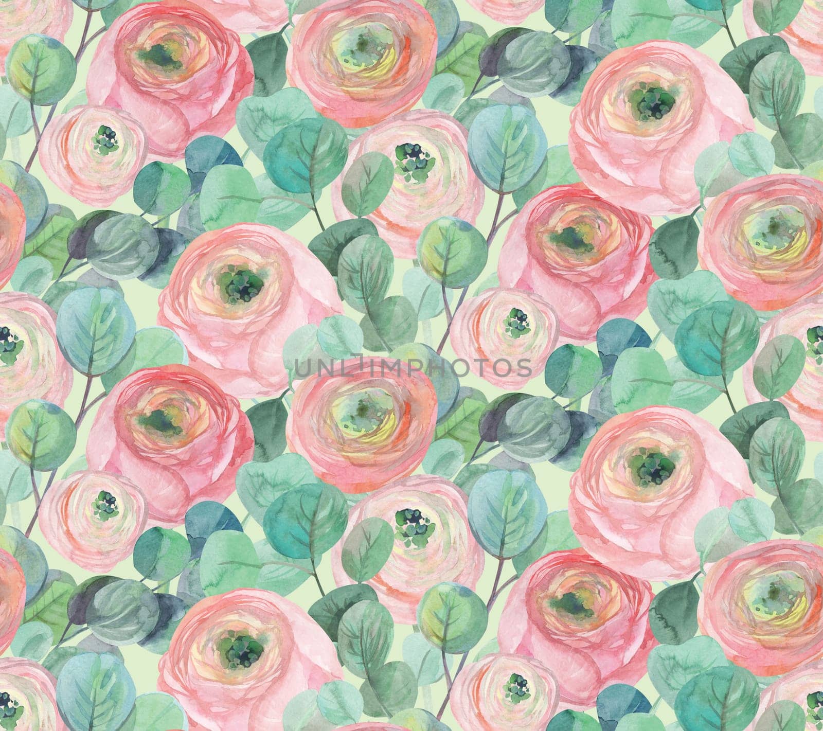 watercolor delicate seamless pattern with delicate roses and eucalyptus branches on a light green background