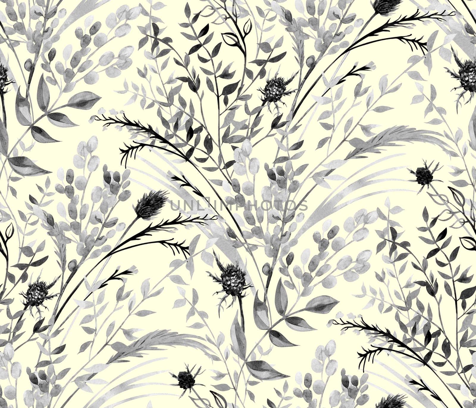 Monochrome seamless pattern with silhouettes of branches and leaves of a fern for summer textiles