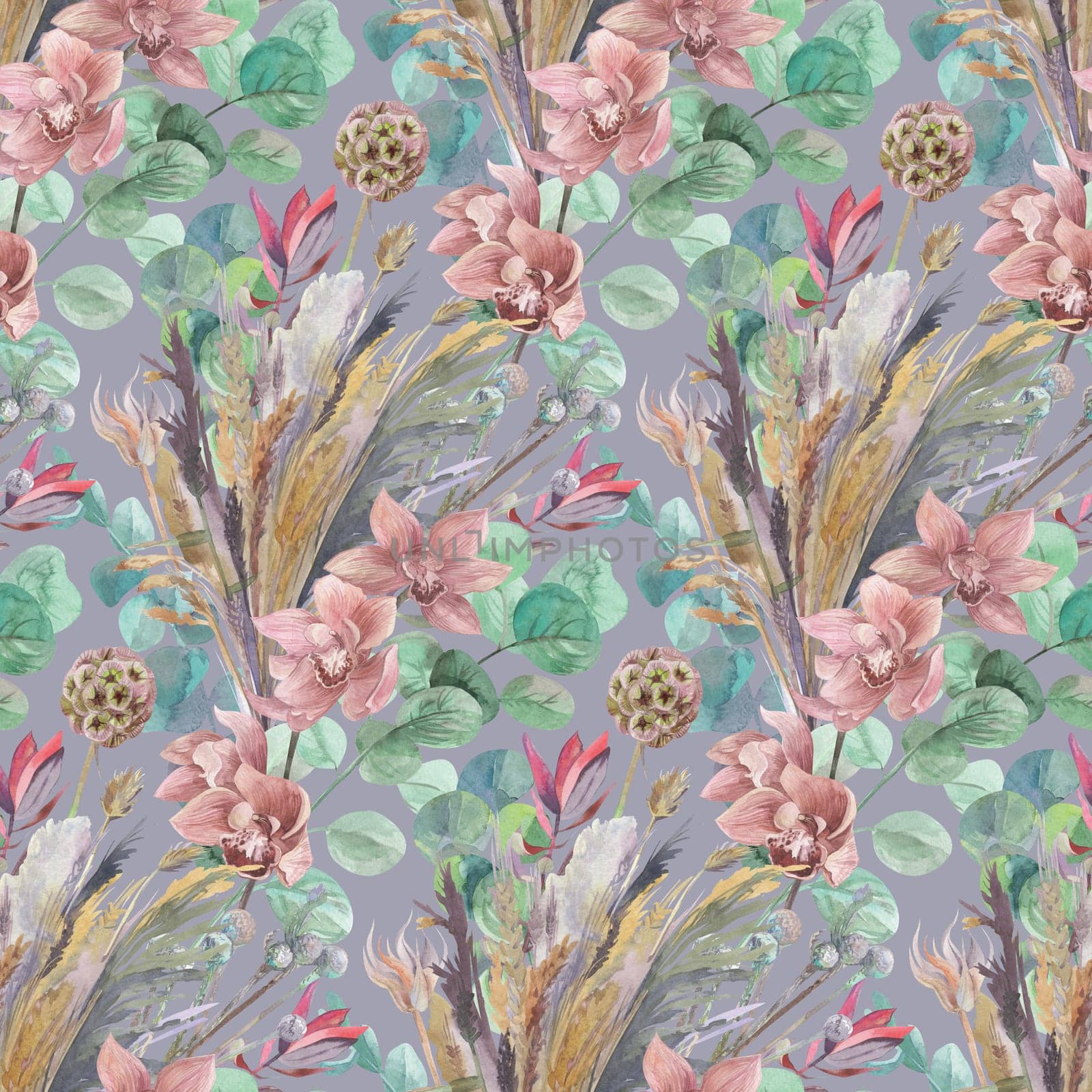 watercolor seamless pattern with orchids and herbarium of dried flowers and eucalyptus branches on a purple background for textiles and surface design