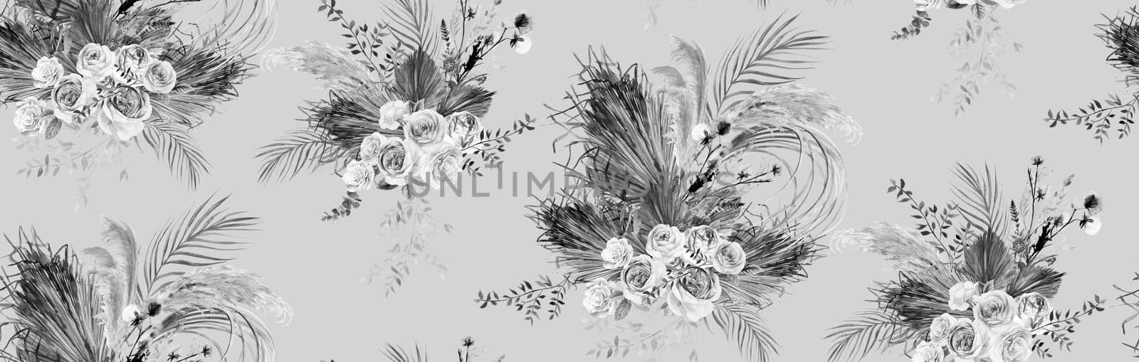 Watercolor blsck and white seamless pattern in boho style with botanical composition of dried flowers with palm leaves and delicate rose flowers