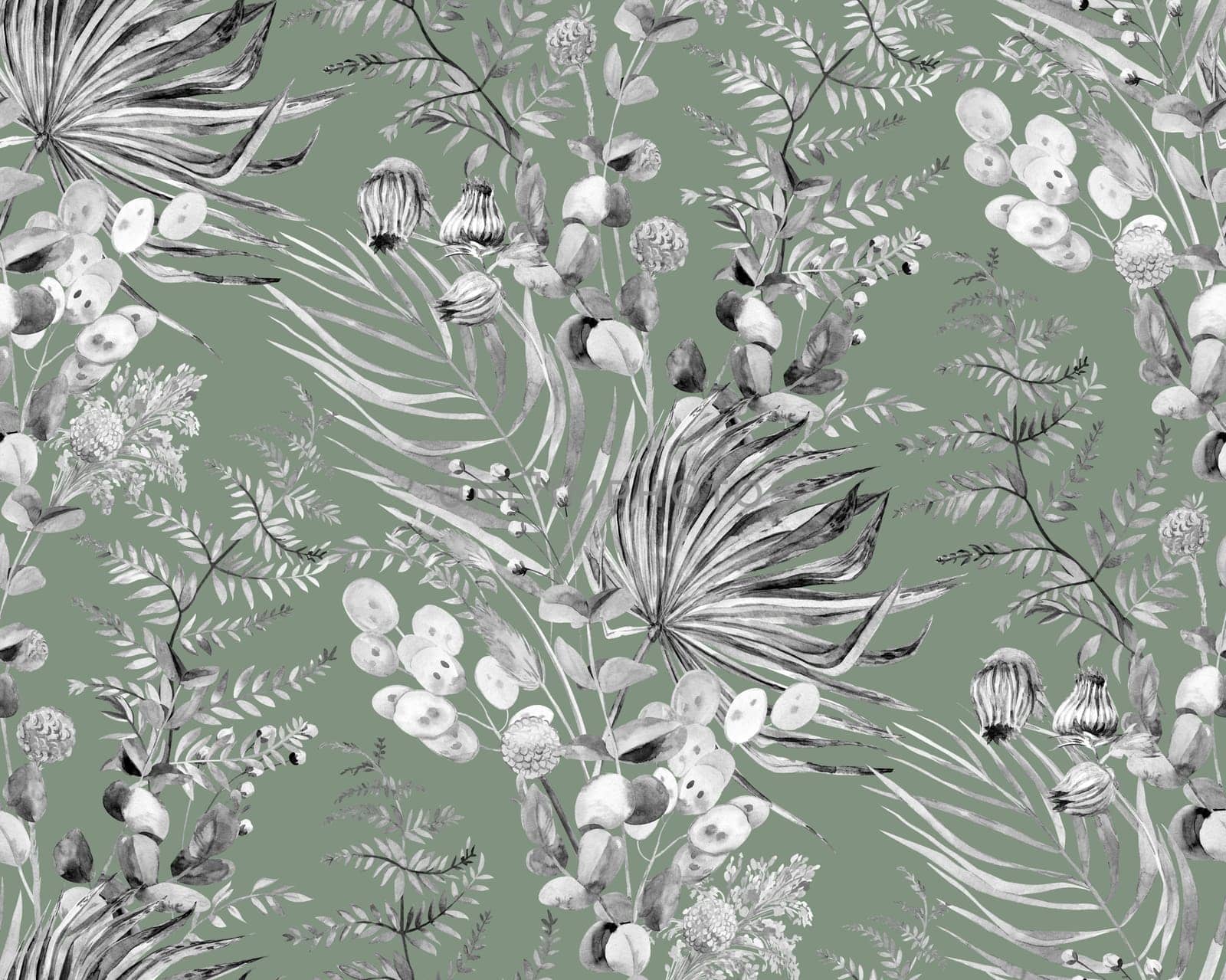 Seamless watercolor monochrome pattern with tropical palm leaves and herbs for textile