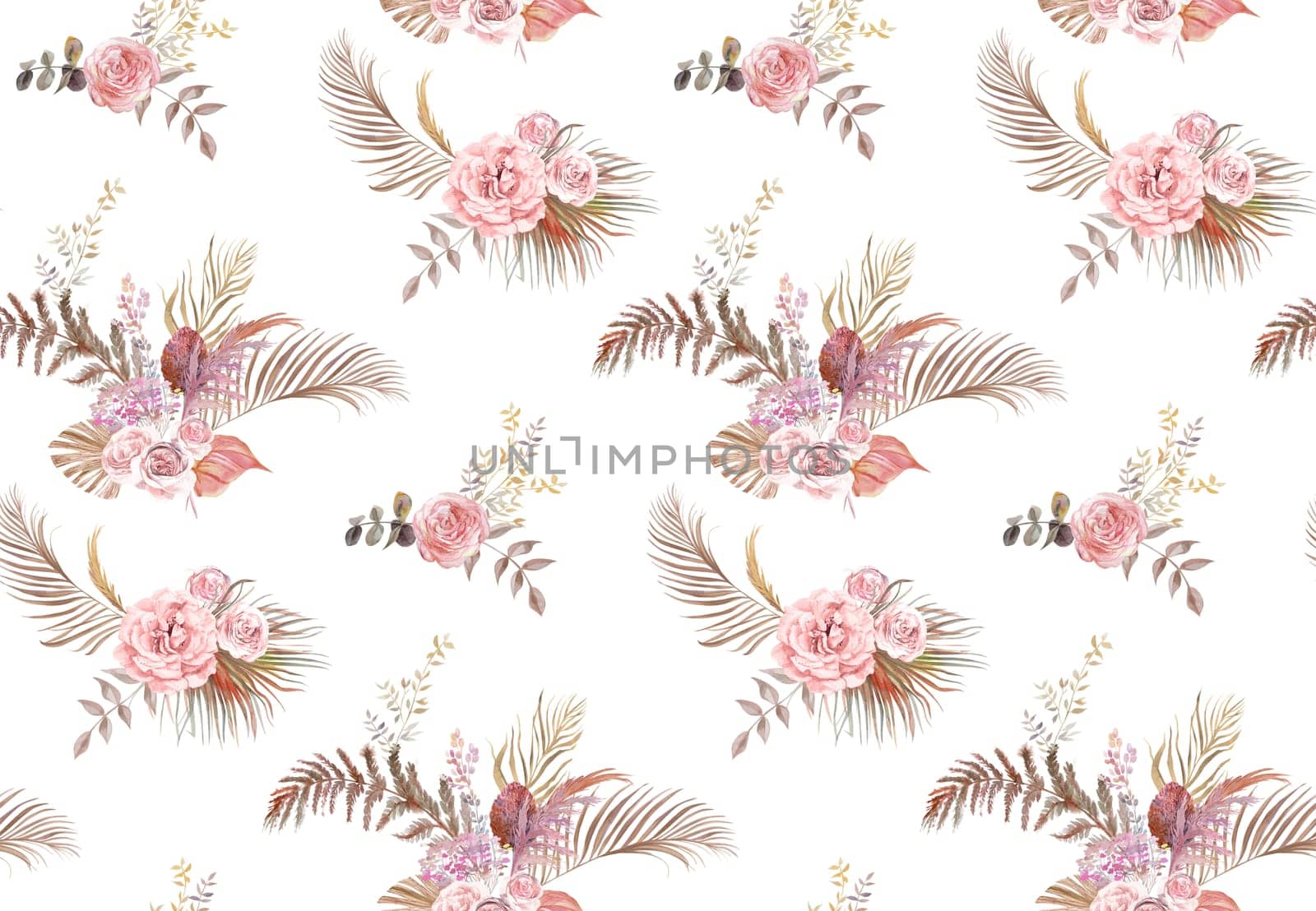 Seamless watercolor pattern with herbarium of tropical palm leaves and delicate roses on white background for textile and surface design