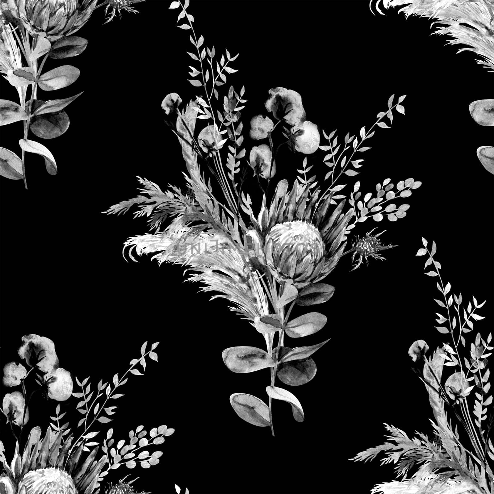 Botanical seamless black and white pattern with bouquet of dried protea flowers and tropical dried flowers on black background for