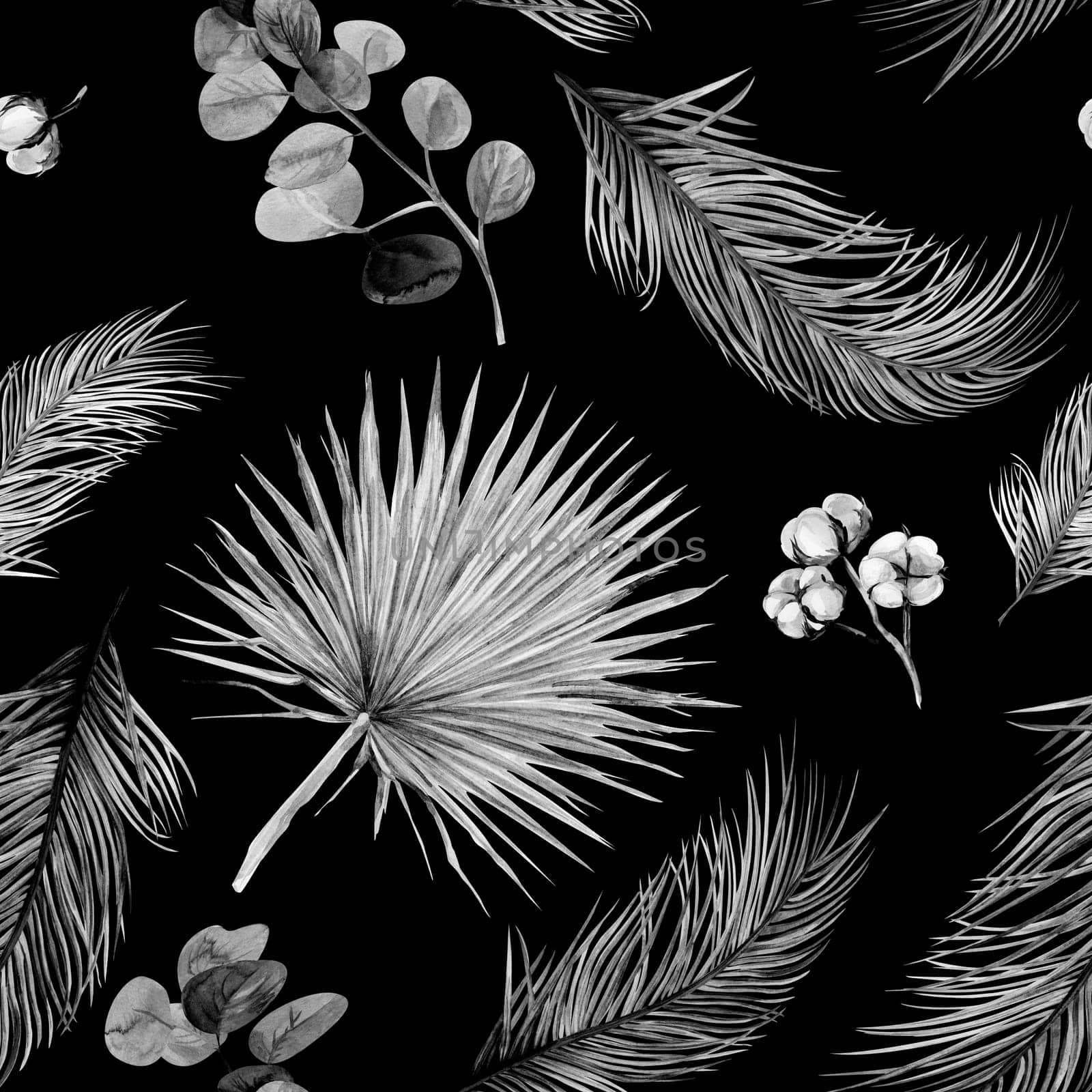 Watercolor seamless pattern with dry palm leaves in boho style on a black background by MarinaVoyush