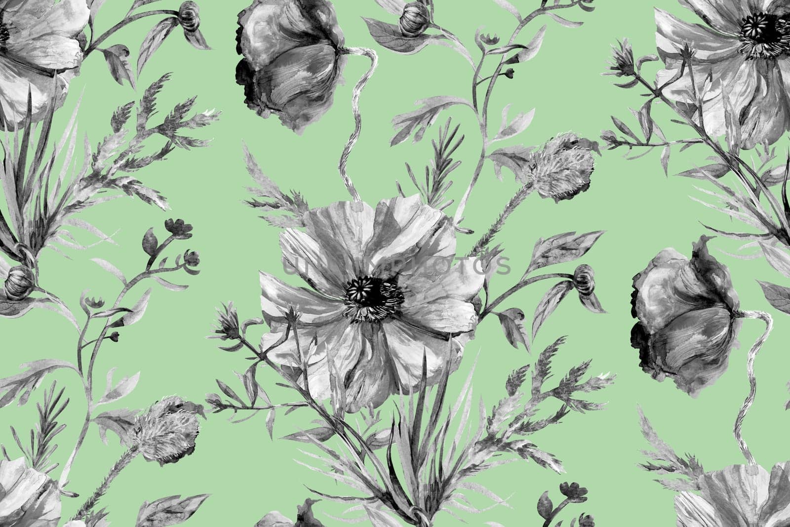 Seamless watercolor pattern with monochrome poppy and herb flowers on a light green background. Vintage motif for textile and surface design