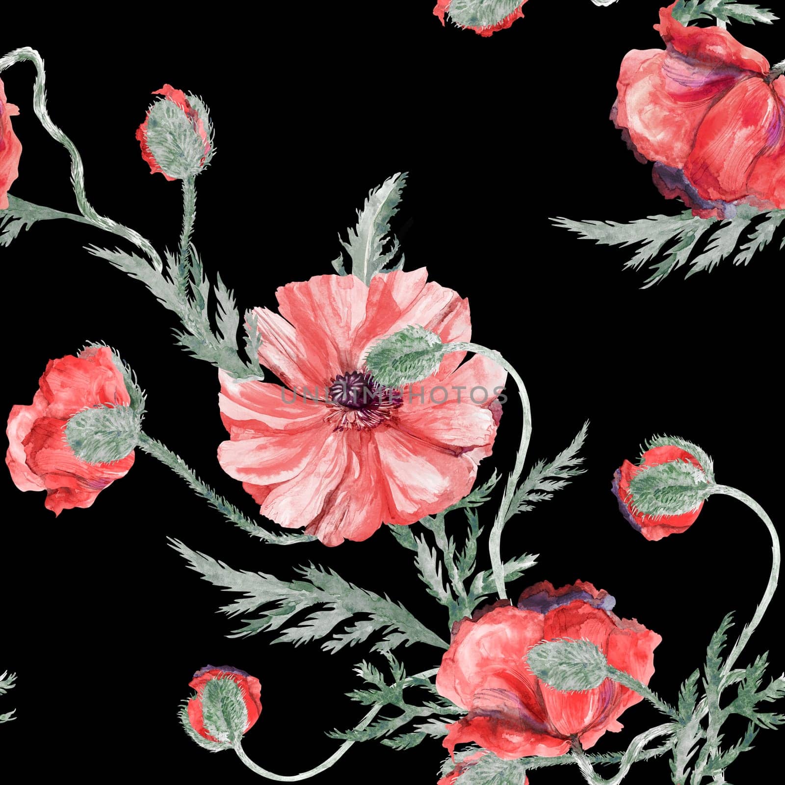 Seamless botanical watercolor pattern with poppies on a white background by MarinaVoyush