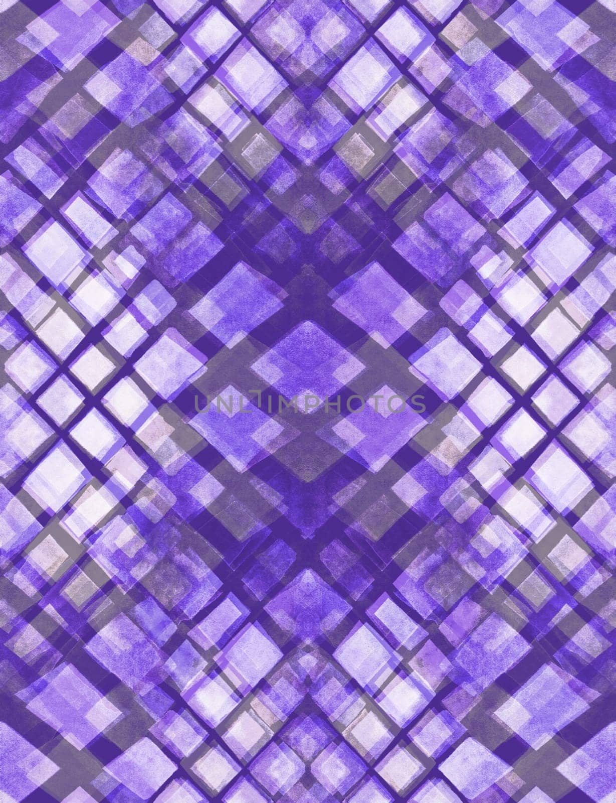 Purple geometric abstract watercolor pattern with rhombuses and irregular irregular line drawn by hand on gray background for textile. Moderm pattern
