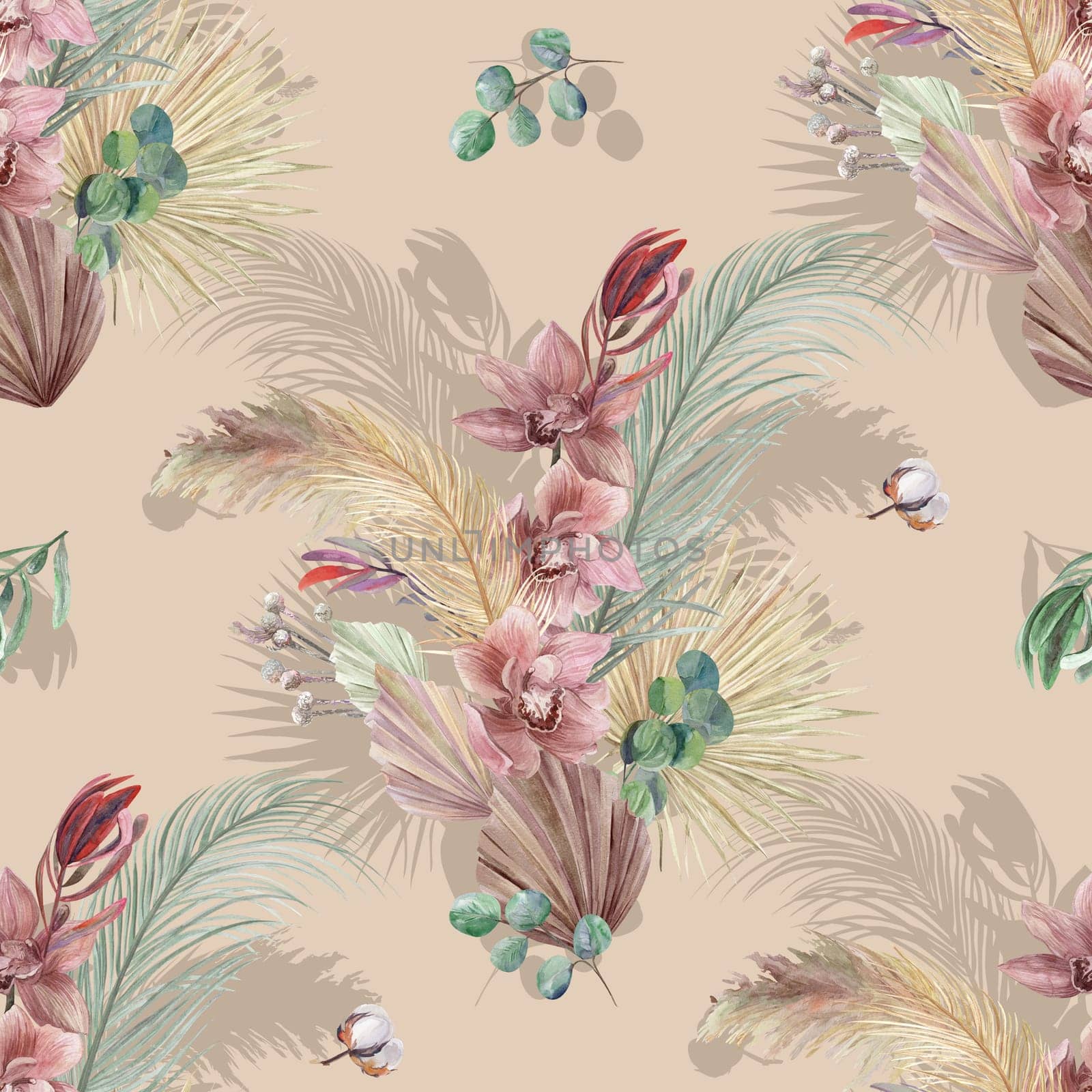 seamless pattern with orchid flower and dry palm leaves on a beige background by MarinaVoyush