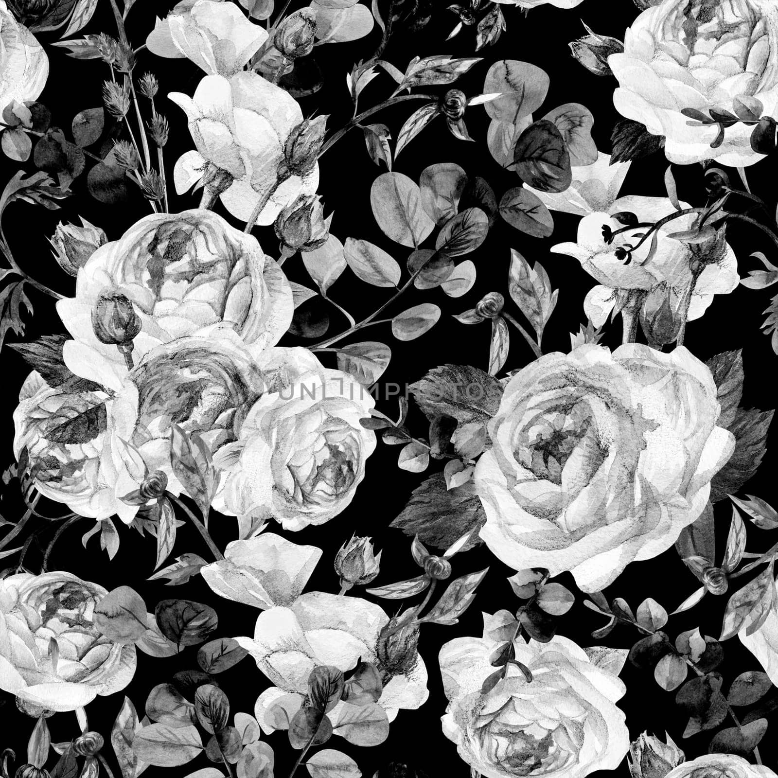 Seamless black-white botanical pattern with graceful rose flowers in vintage style on a black background for summer feminine textiles and surface design