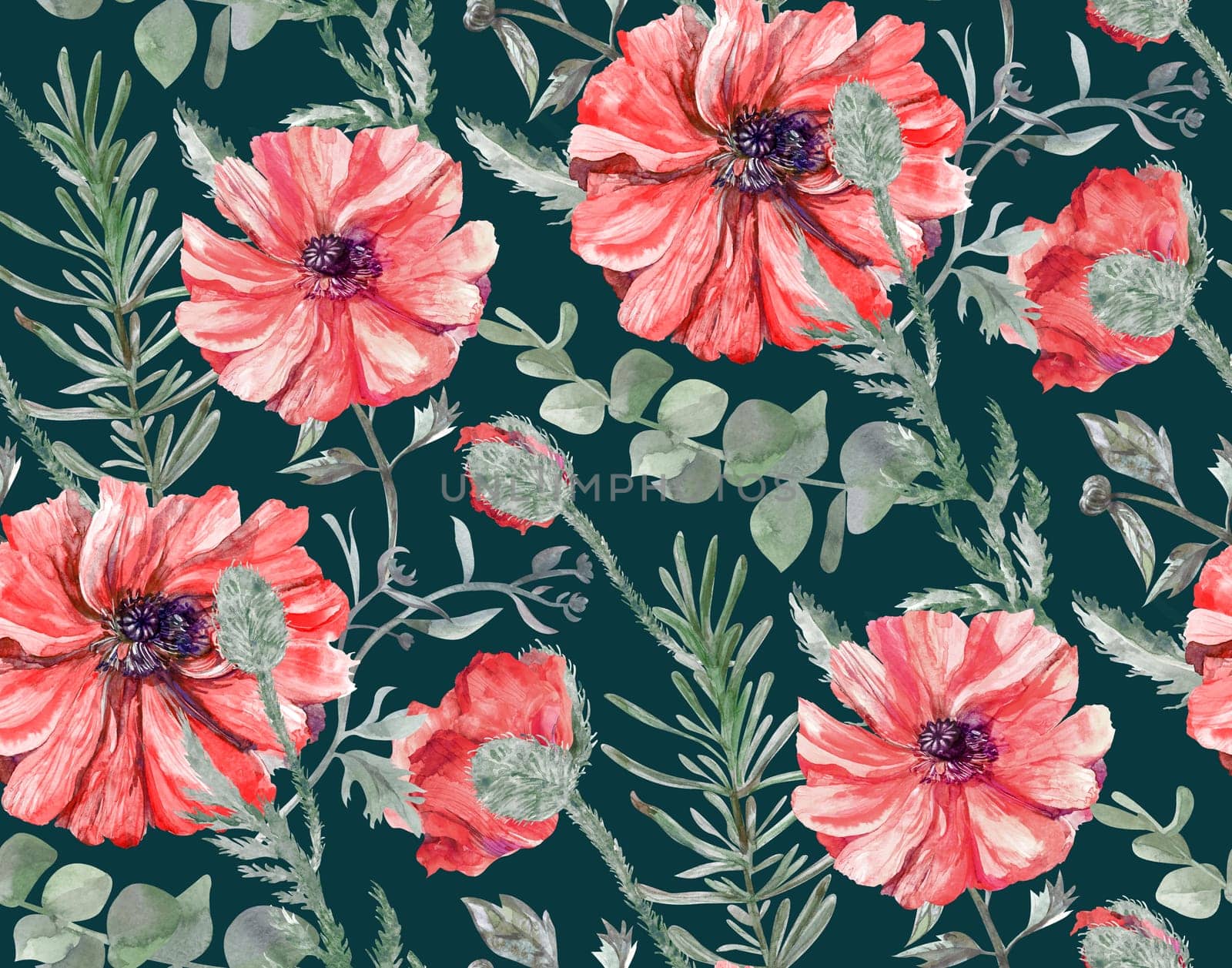 Seamless watercolor pattern with red poppy flowers and eucalyptus leaves on green background by MarinaVoyush