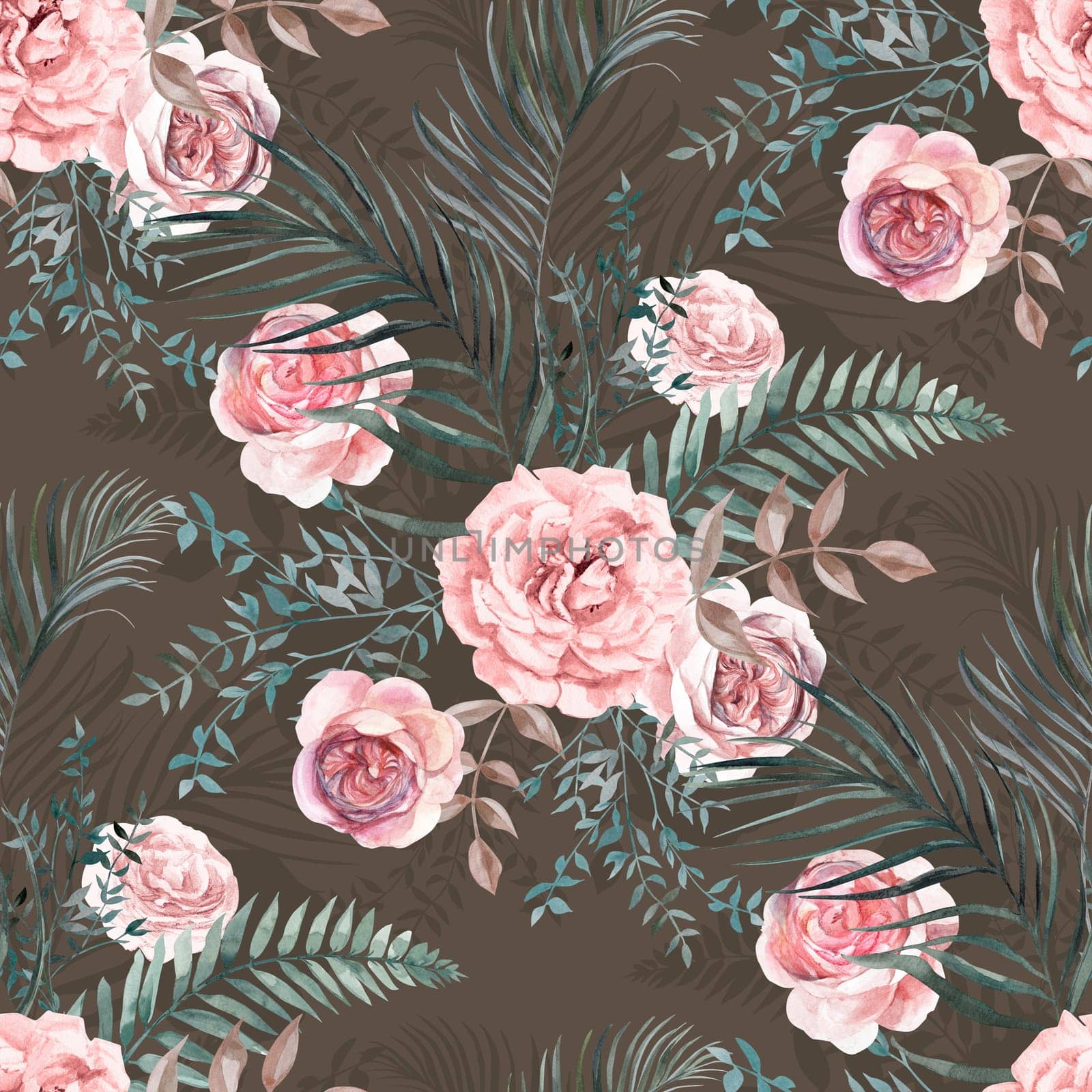 Seamless watercolor pattern with a Bouquet of roses and tropical dried flowers in Boho style painted in watercolor for textile and fabrics