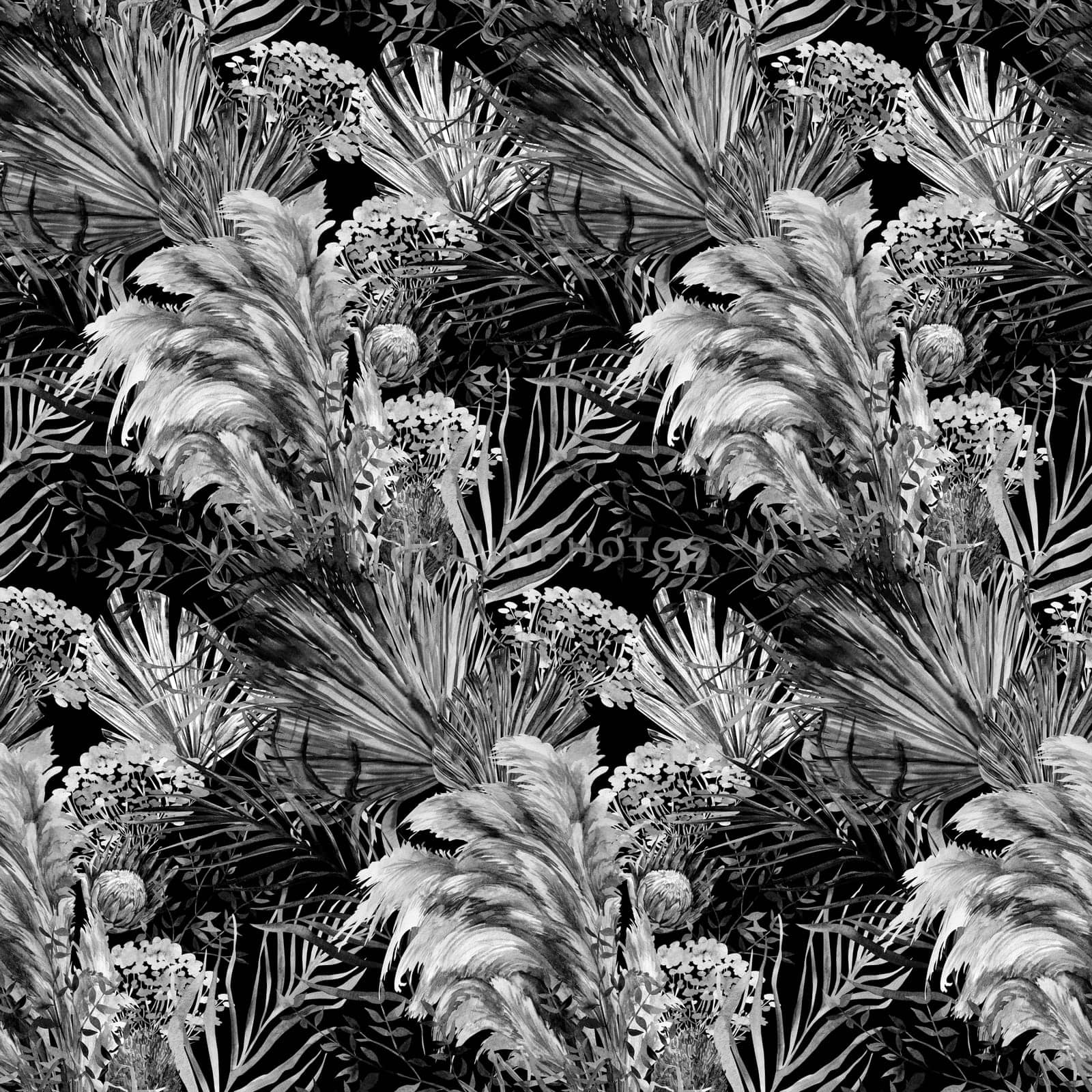 Monochrome watercolor seamless pattern with herbarium of protea flowers and tropical palm leaves on black by MarinaVoyush