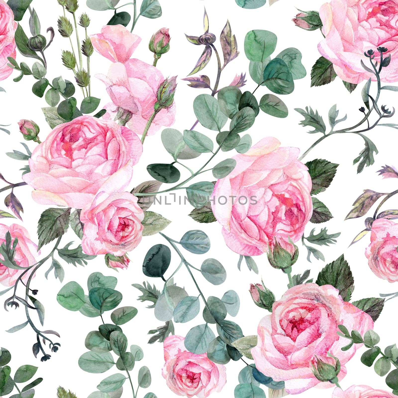 Vintage seamless pattern with delicate roses and branches on a white background for textiles and retro designs