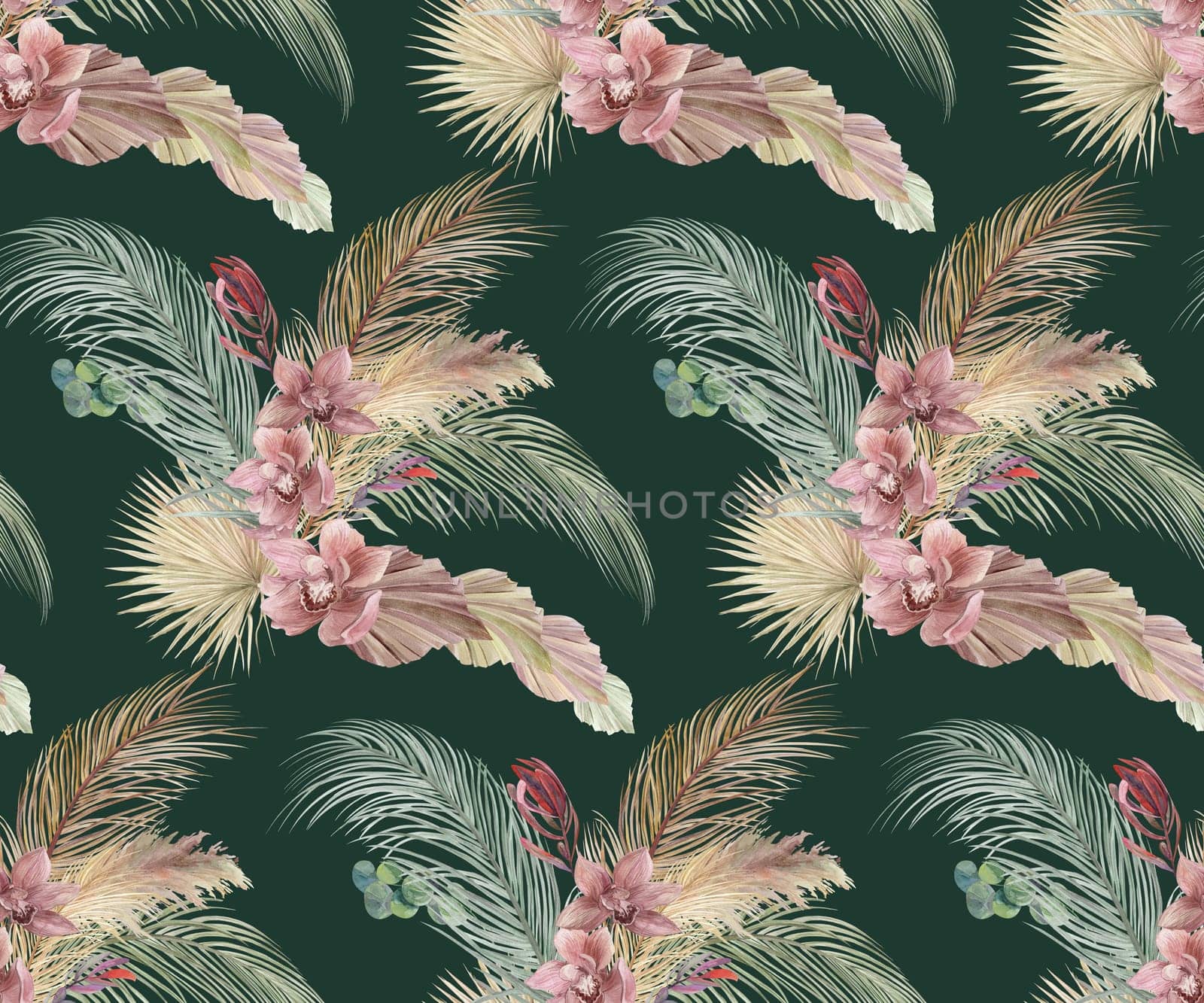 watercolor pattern with orchid flowers and dry palm leaves on green background by MarinaVoyush