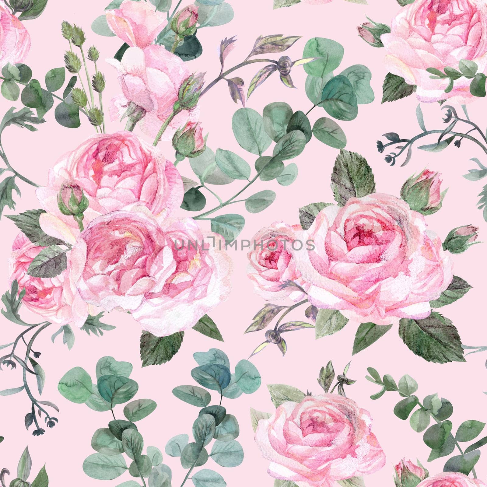 watercolor seamless pattern with pink roses on vintage stile for textiles by MarinaVoyush