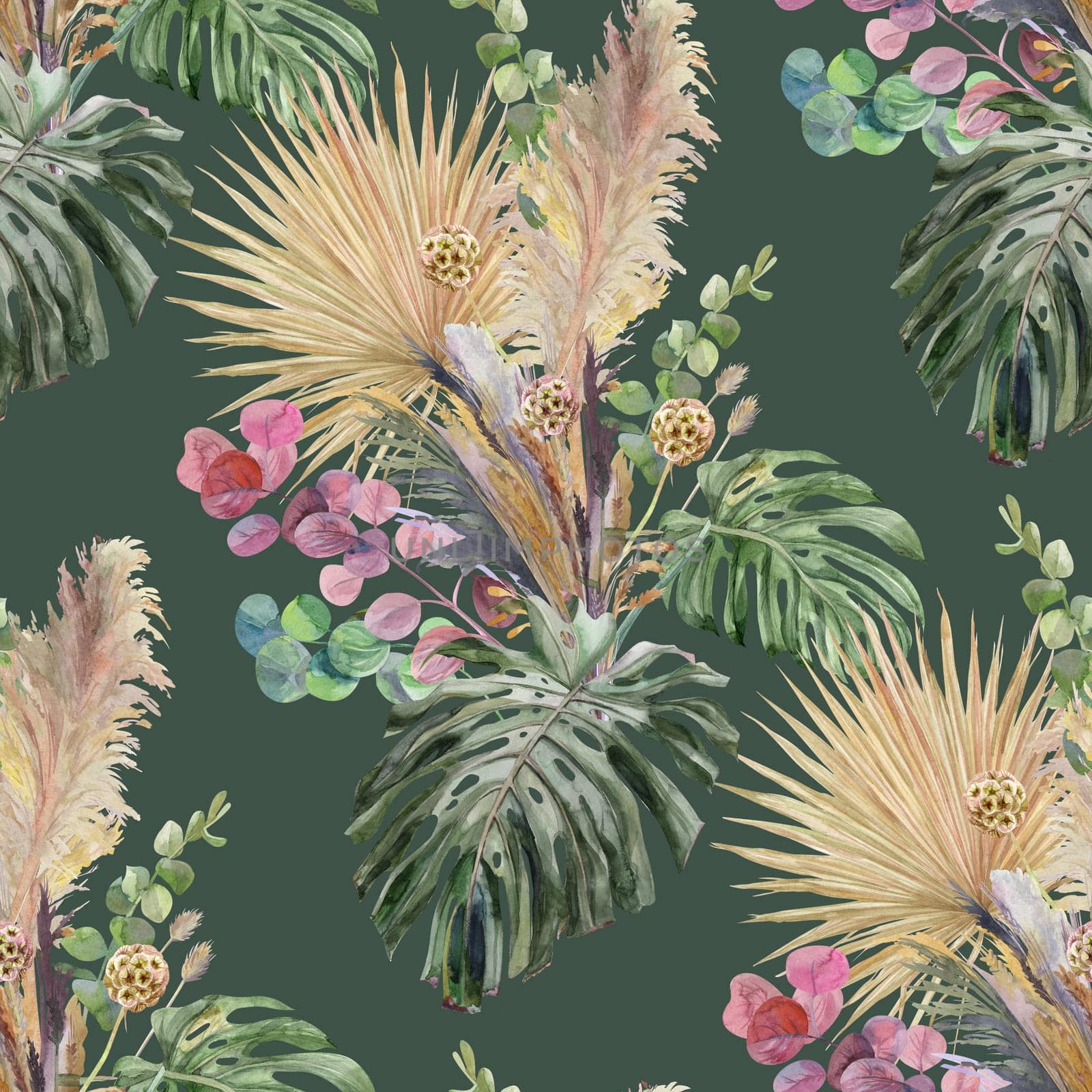 Summer seamless pattern with a bouquet of tropical dried flowers and monstera leaves painted in watercolor on a green background