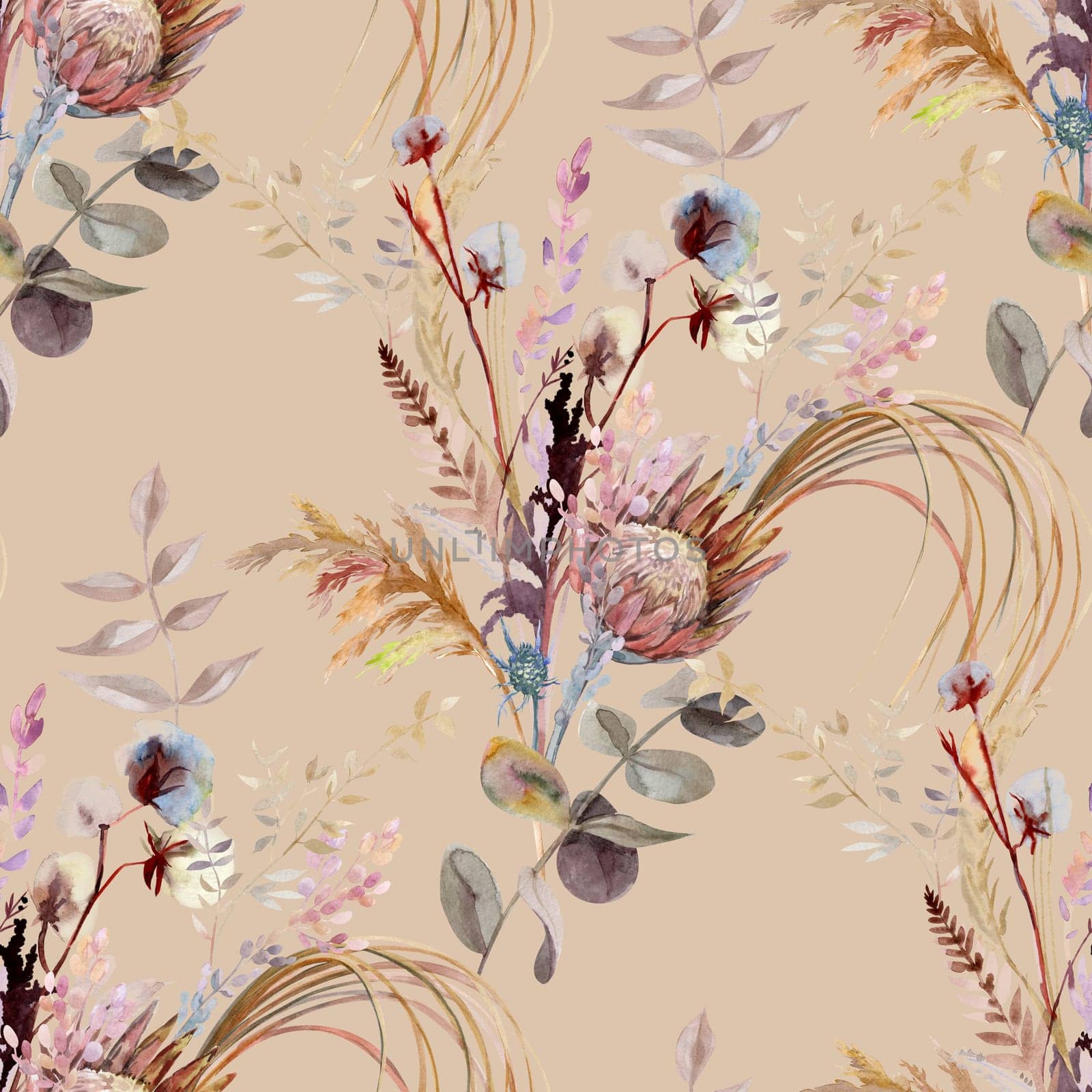 Seamless pattern with tropical dry flowers in boho style painted in watercolor for women's summer textile summer dresses and surface design