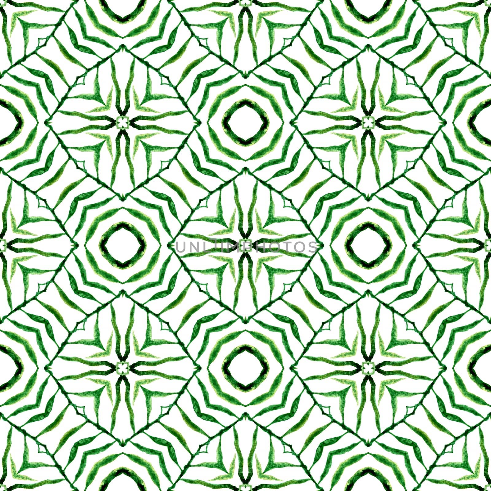 Textile ready fresh print, swimwear fabric, wallpaper, wrapping. Green eminent boho chic summer design. Watercolor summer ethnic border pattern. Ethnic hand painted pattern.