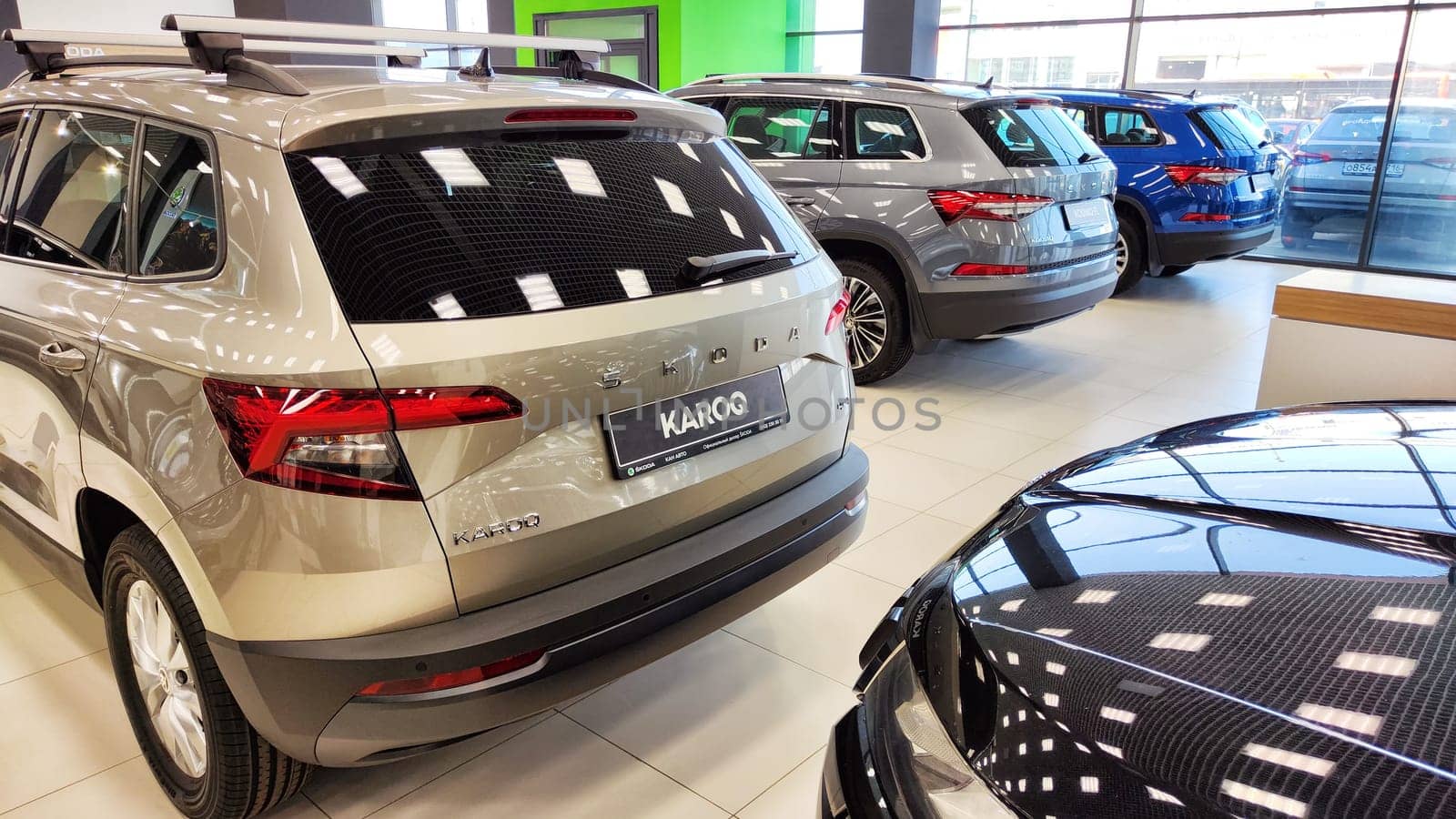 Kazan, Russia - April 04, 2023: Cars in showroom of dealership Skoda. Re-export to Russia
