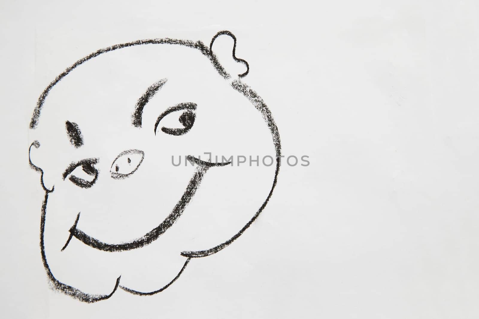 Concept for positive attitude with hand drawn fat tricky face on white background. Psychology, emotion, smiley face, place for text and copy space
