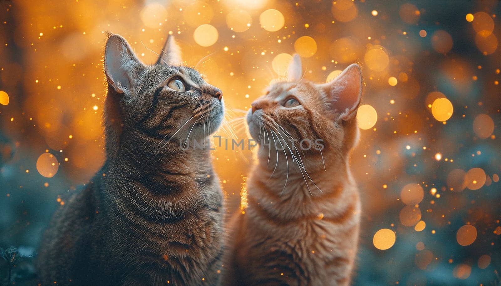 A cute cat looking outside at the starry colorful sky. Cute kitten magical sparkles. Starry glow lights in nature Magical landscape fairytale beauty Copy space