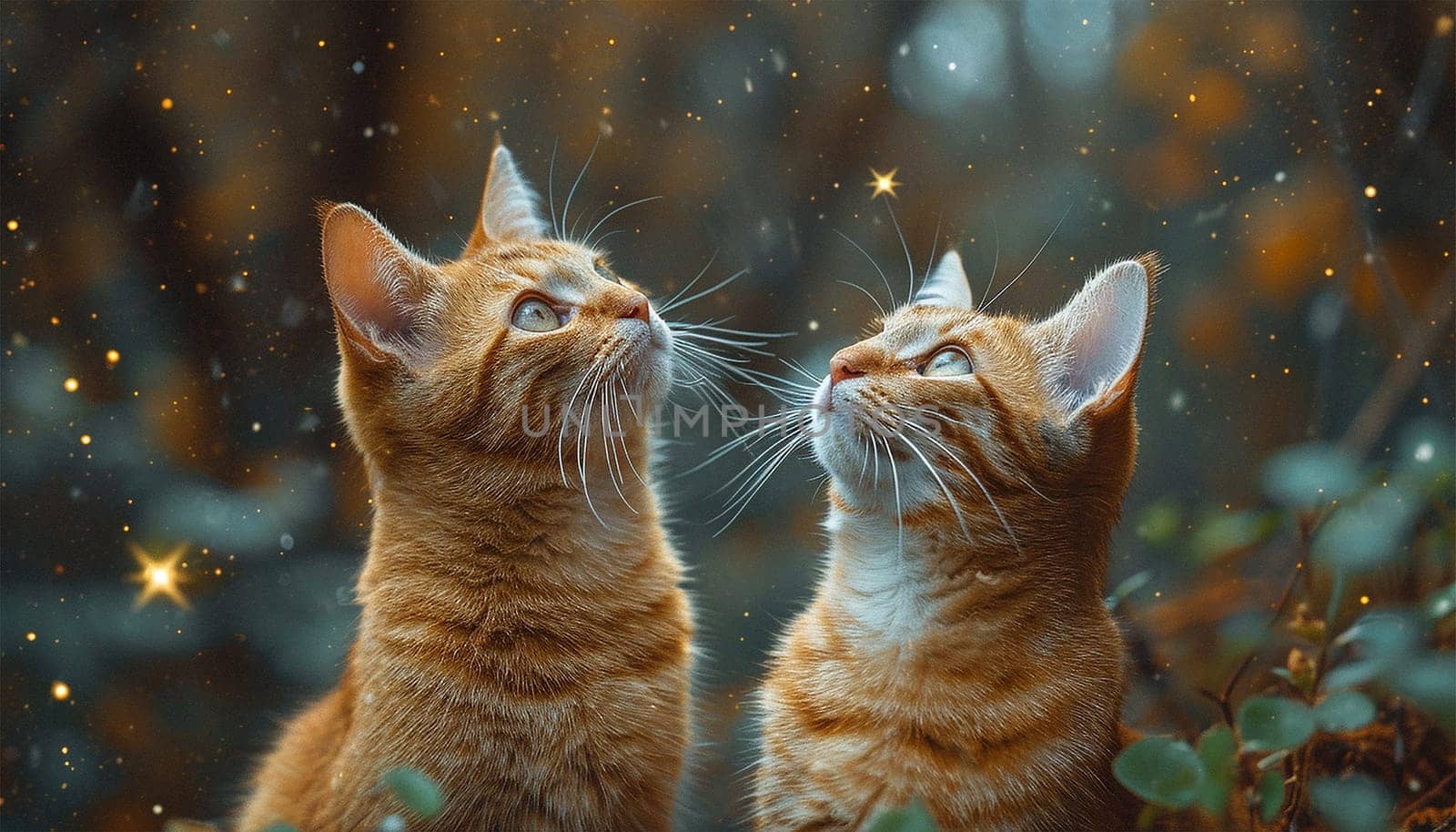 A cute cat looking outside at the starry colorful sky. Cute kitten magical sparkles. Starry glow lights in nature Magical landscape fairytale beauty Copy space