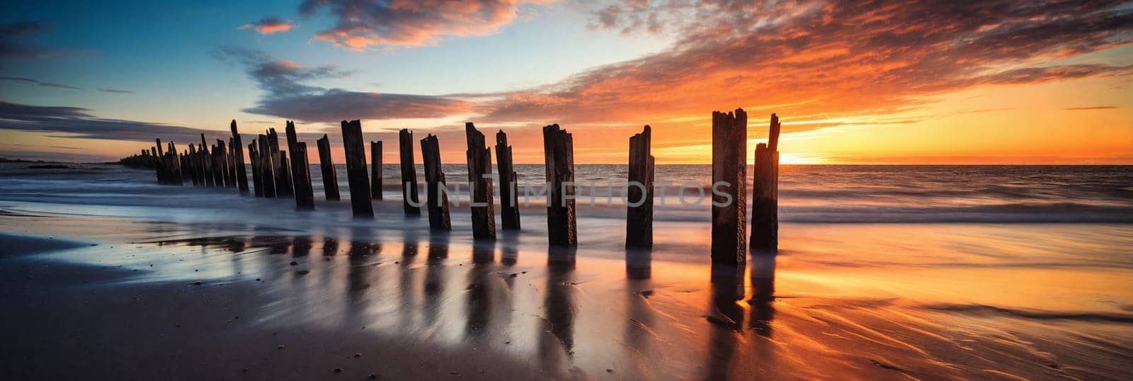 A tranquil scene of a broken wooden jetty stretching out into the golden sea, framed by a stunning sunset sky