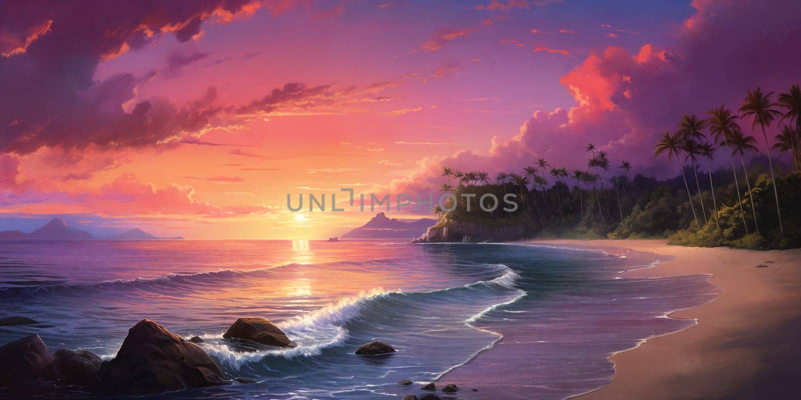 A breathtaking view of a pink-sand beach at sunset, with vibrant hues of blue and pink filling up the sky, promising a serene evening