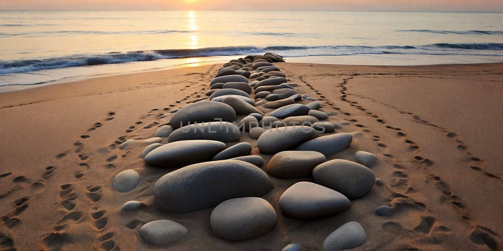 Pattern of stones on a sandy beach, illuminated by the warm colors of a sunset.