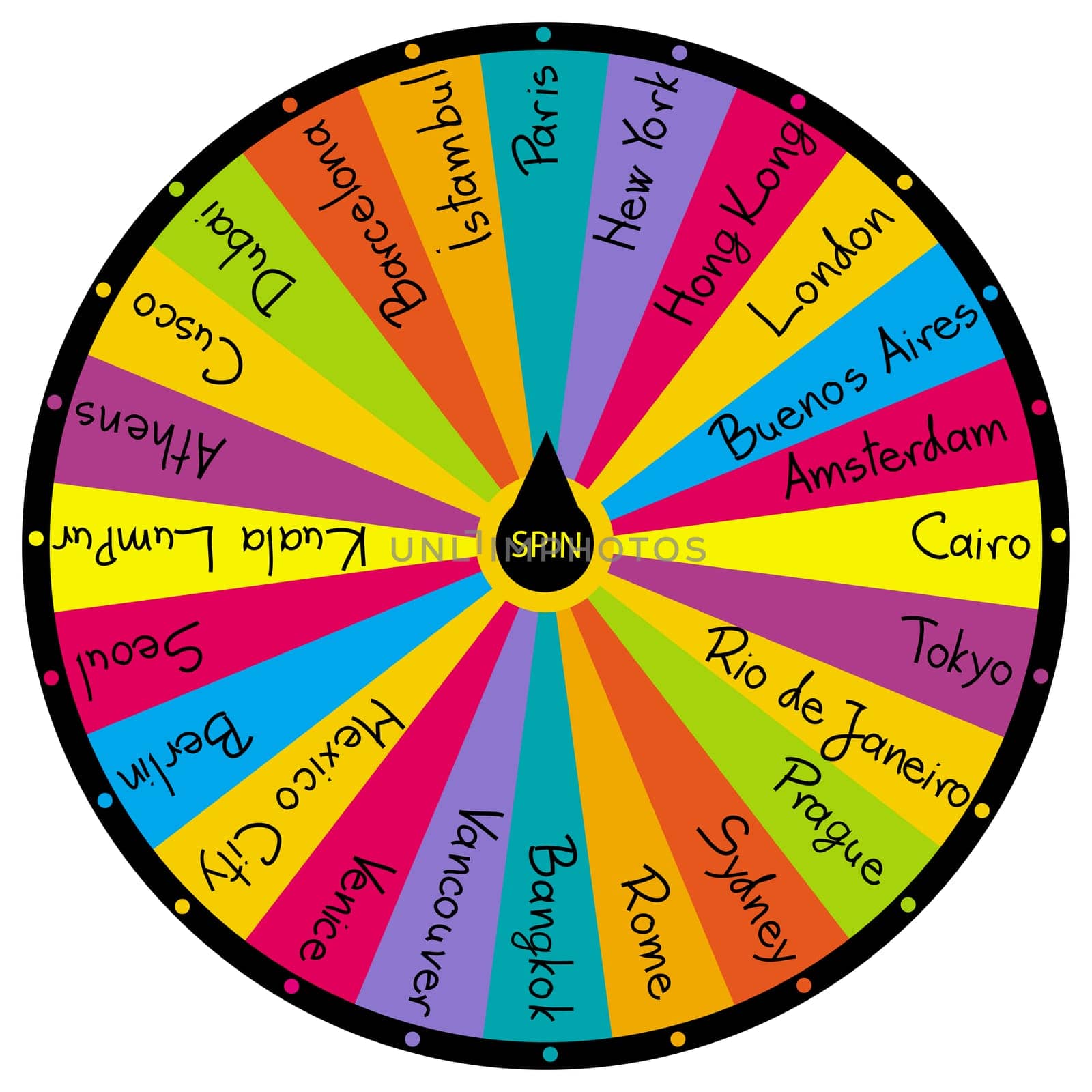 Wheel of fortune game with options to choose between the most touristic cities 