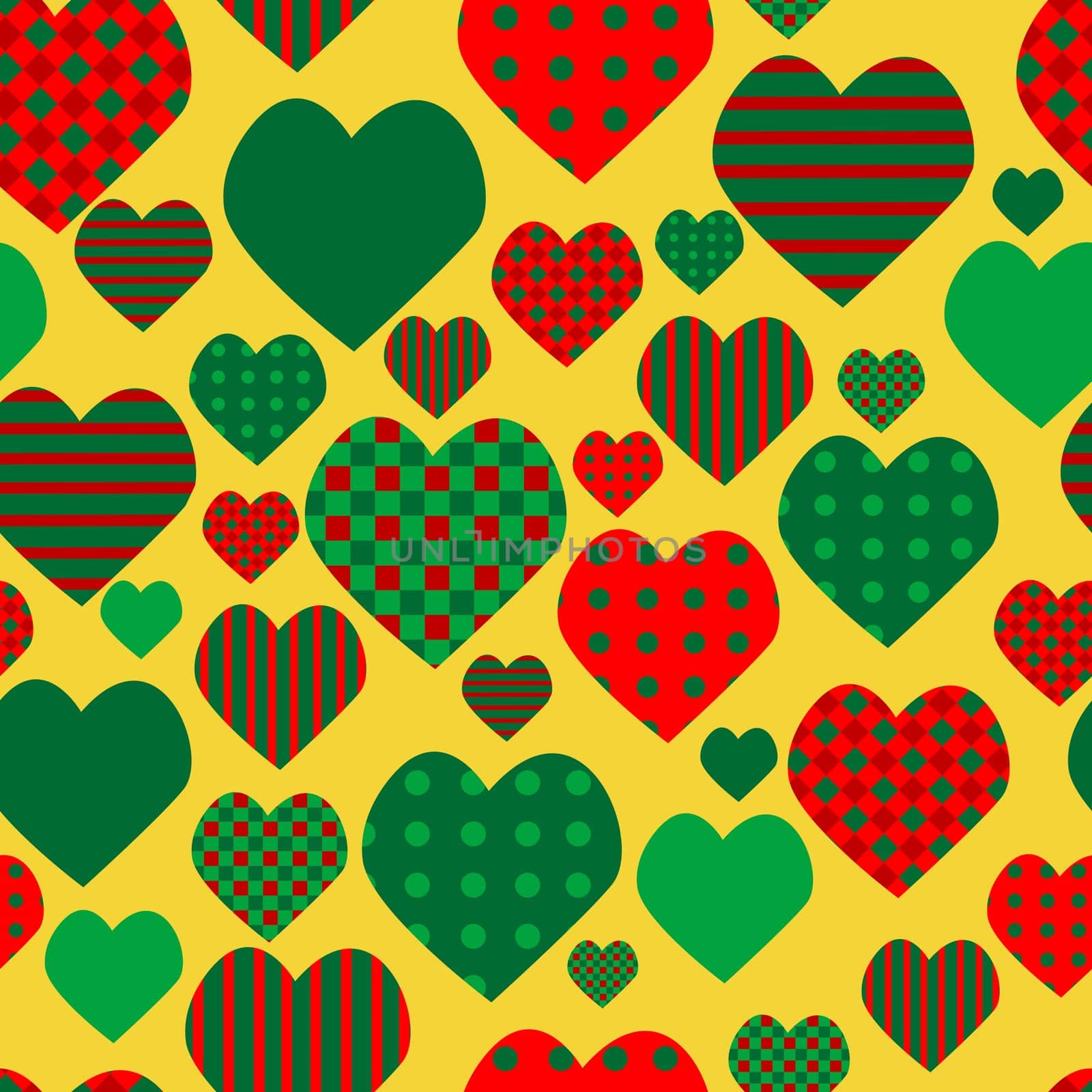 Hearts with different prints in the colors of Christmas wrapping paper