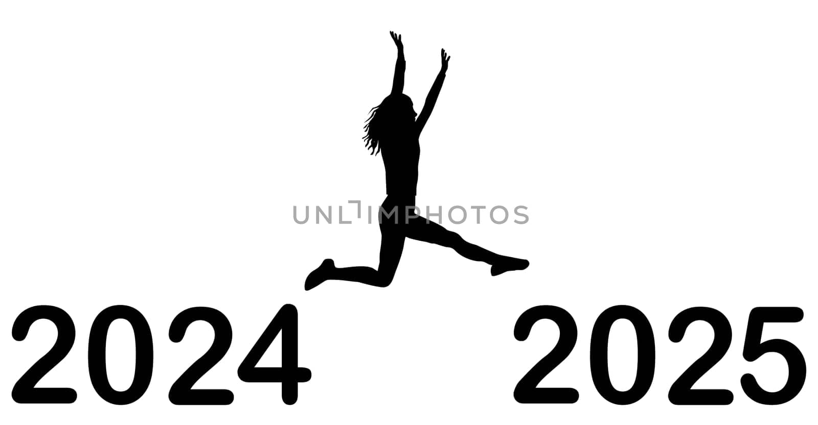 Happy New Year concept with black silhouette of young woman jumping from 2024  to 2025 by hibrida13