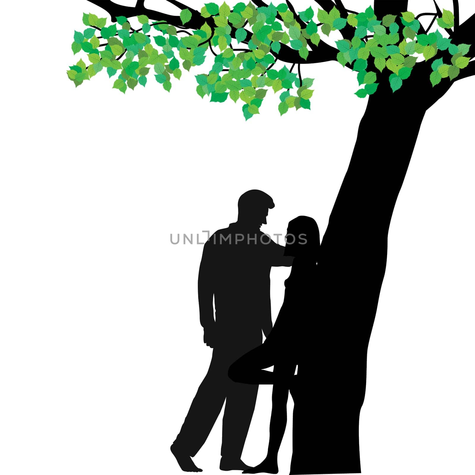 Couple lovers silhouette under a tree leaning against the tree trunk