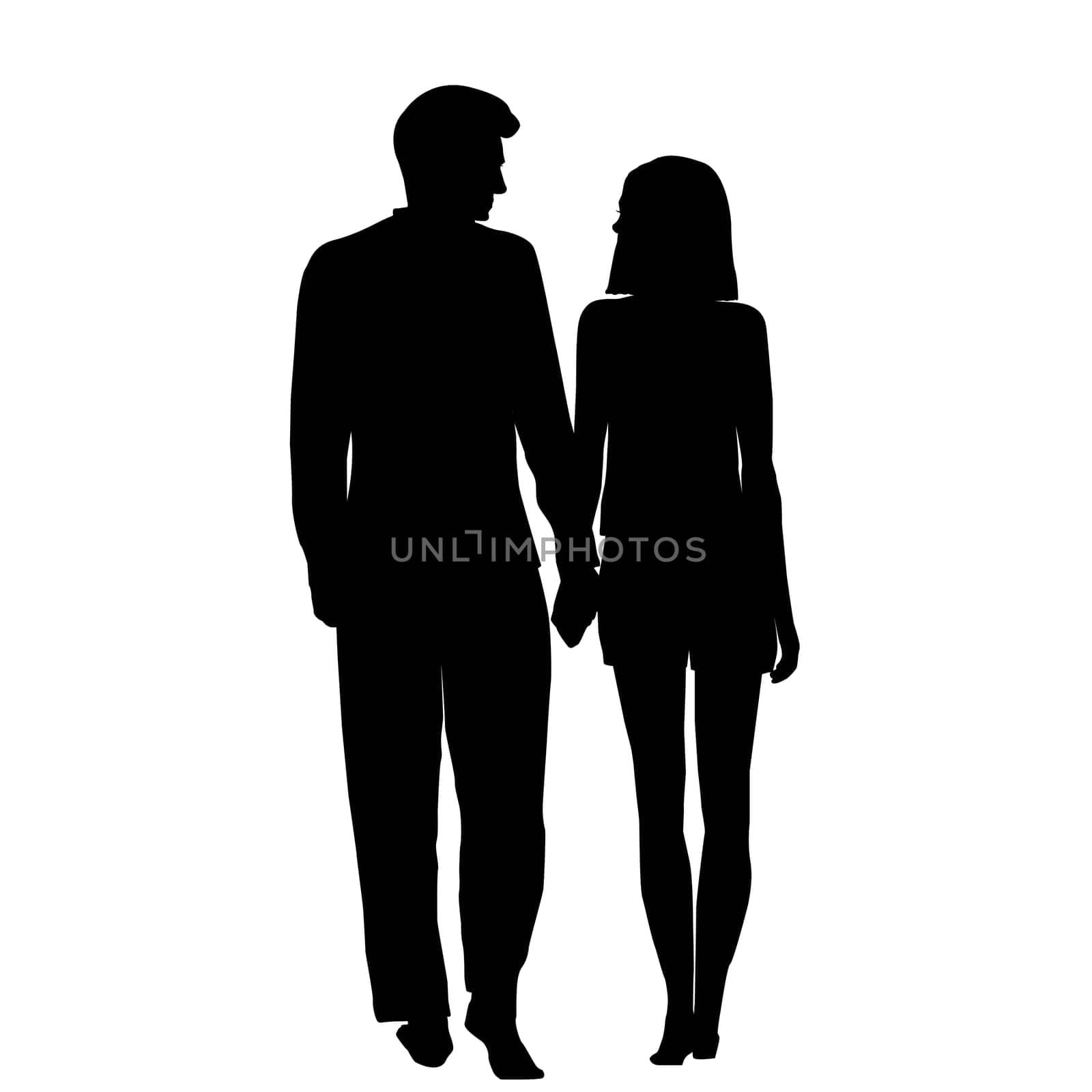 Back silhouettes of a couple in love holding hands