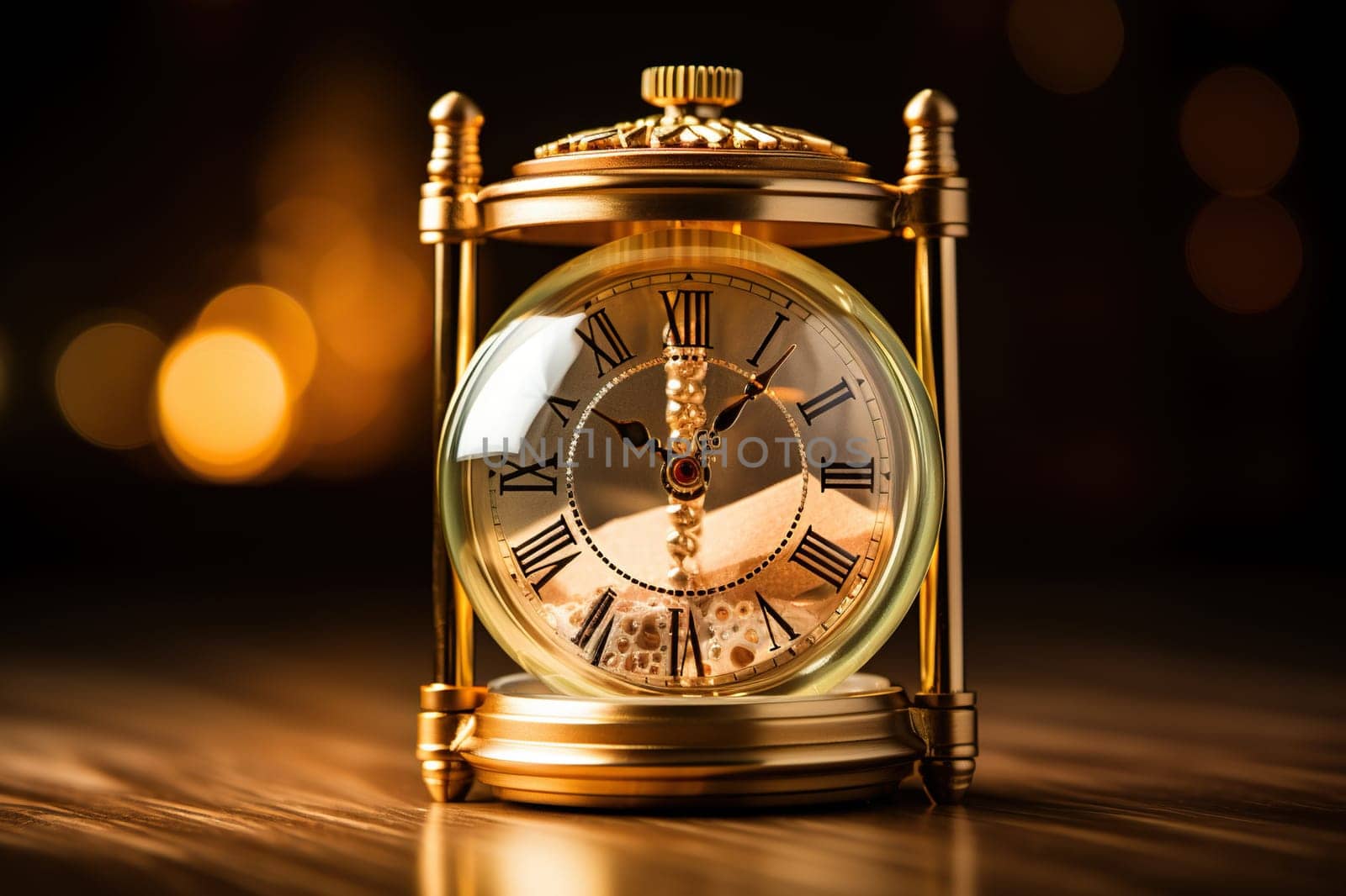 Vintage clock on a golden bokeh background. Time concept. Generated by artificial intelligence by Vovmar