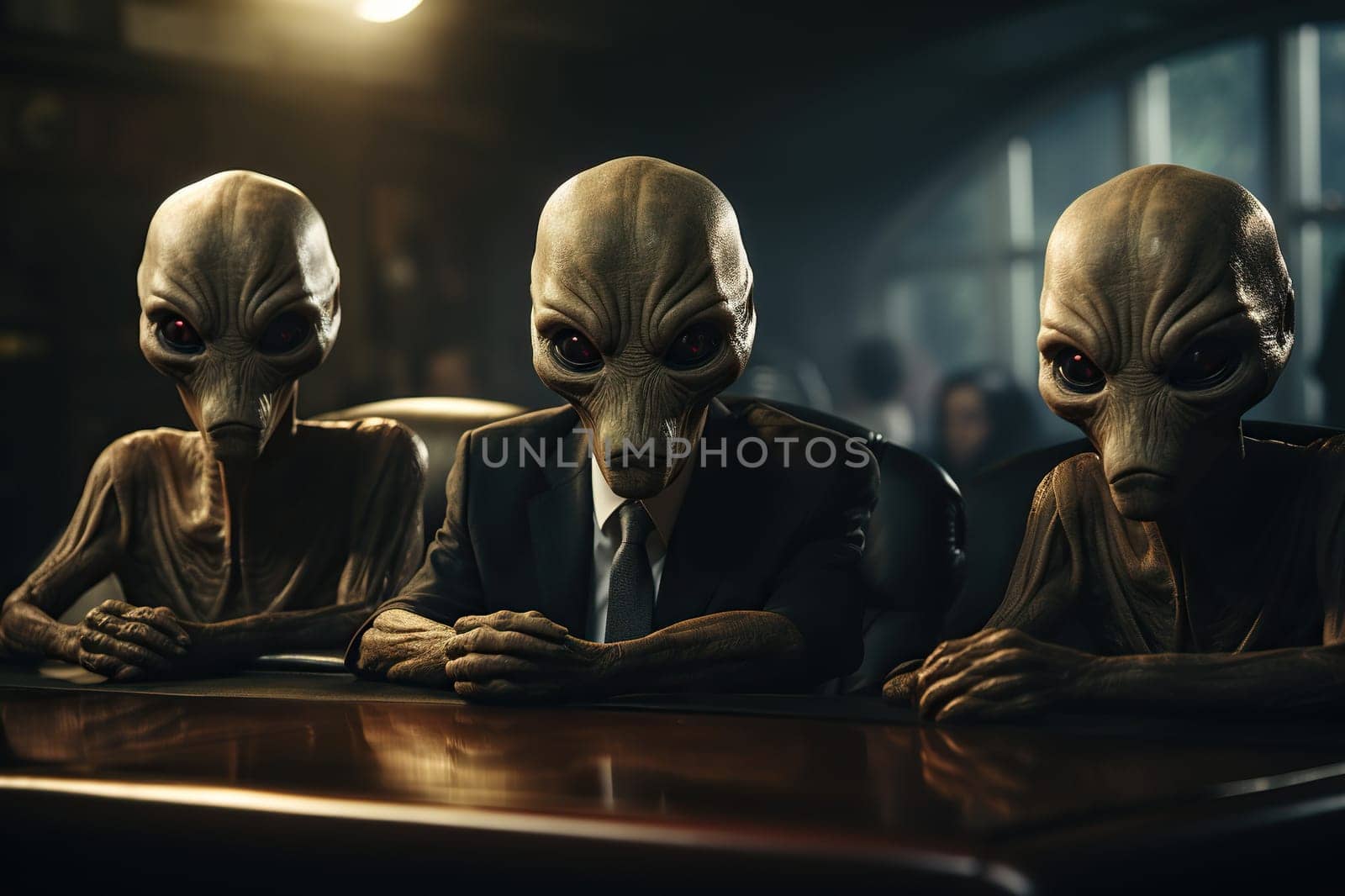 Aliens in business suits are sitting at the negotiating table.