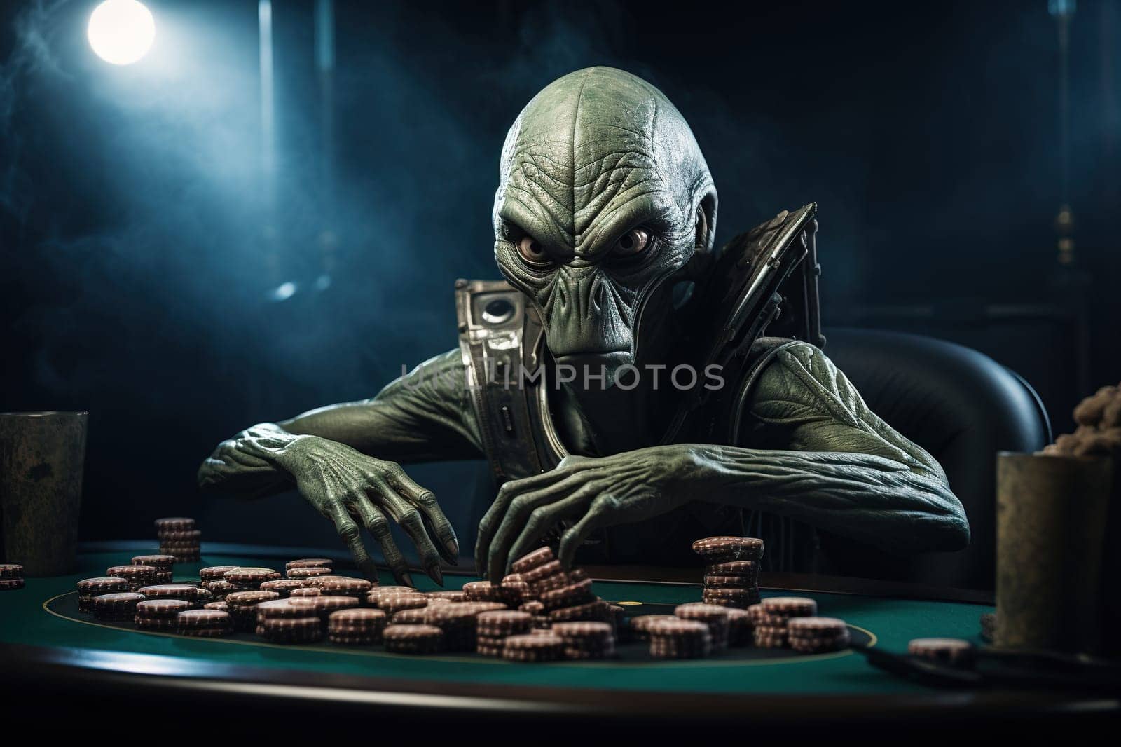 An alien sits at a poker table. Gambling concept.