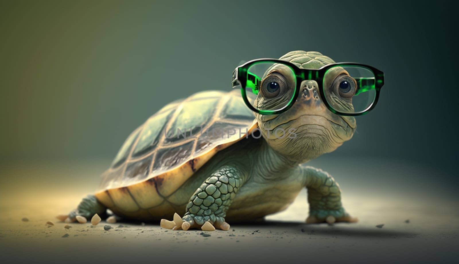 Cute little green turtle wearing glasses. Selective focus. animals Generative AI,