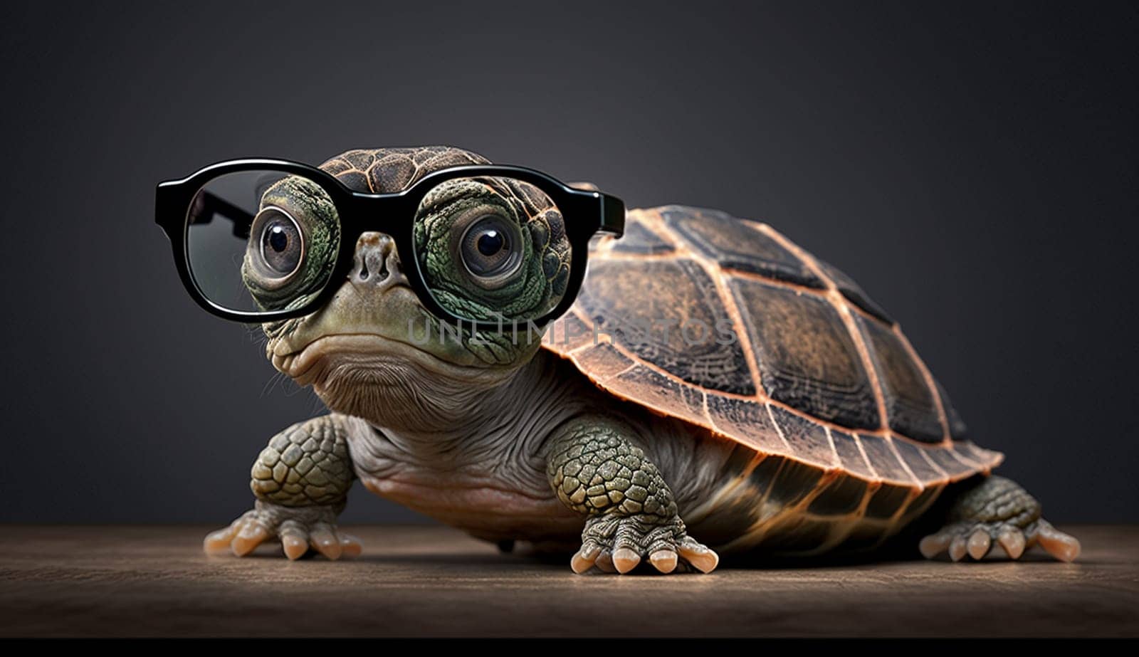 Cute little green turtle wearing glasses. Selective focus. animals Generative AI,