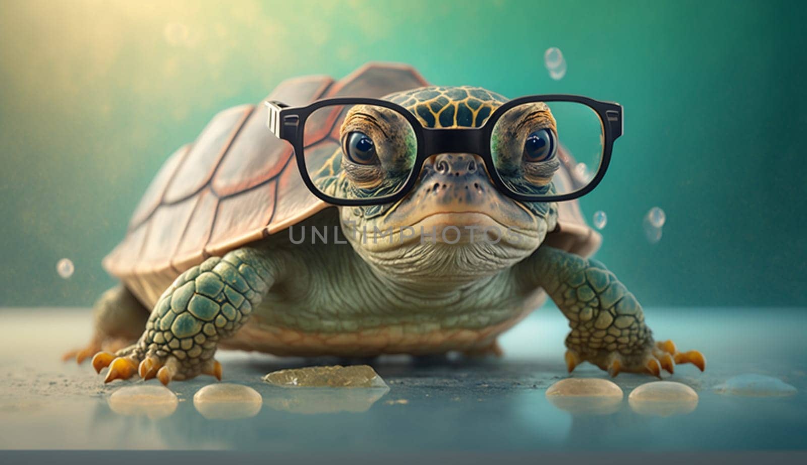 Cute little green turtle wearing glasses. Selective focus. animals Generative AI,