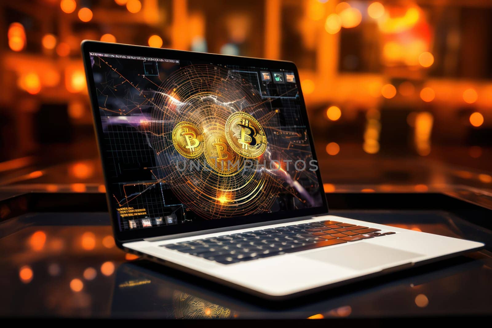 Cryptocurrency Commerce: A Closeup of the Golden Bitcoin Coin on a Digital Laptop Keyboard with a Virtual Currency Concept and Global Financial Background by Vichizh