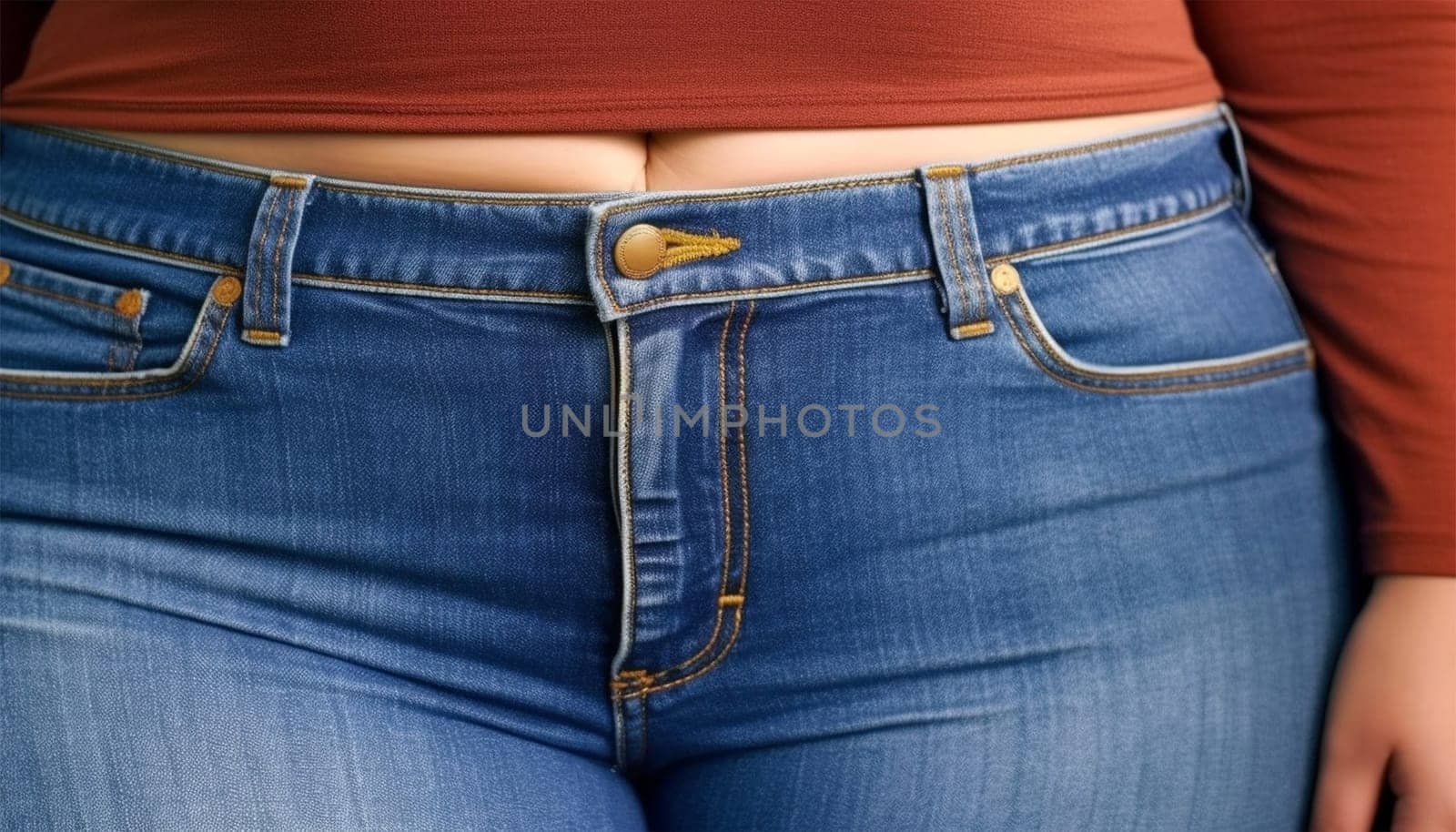 Troubled overweight woman in tight jeans clothes. Big chubby bellied in pants. Overweight person with too small clothes by Annebel146