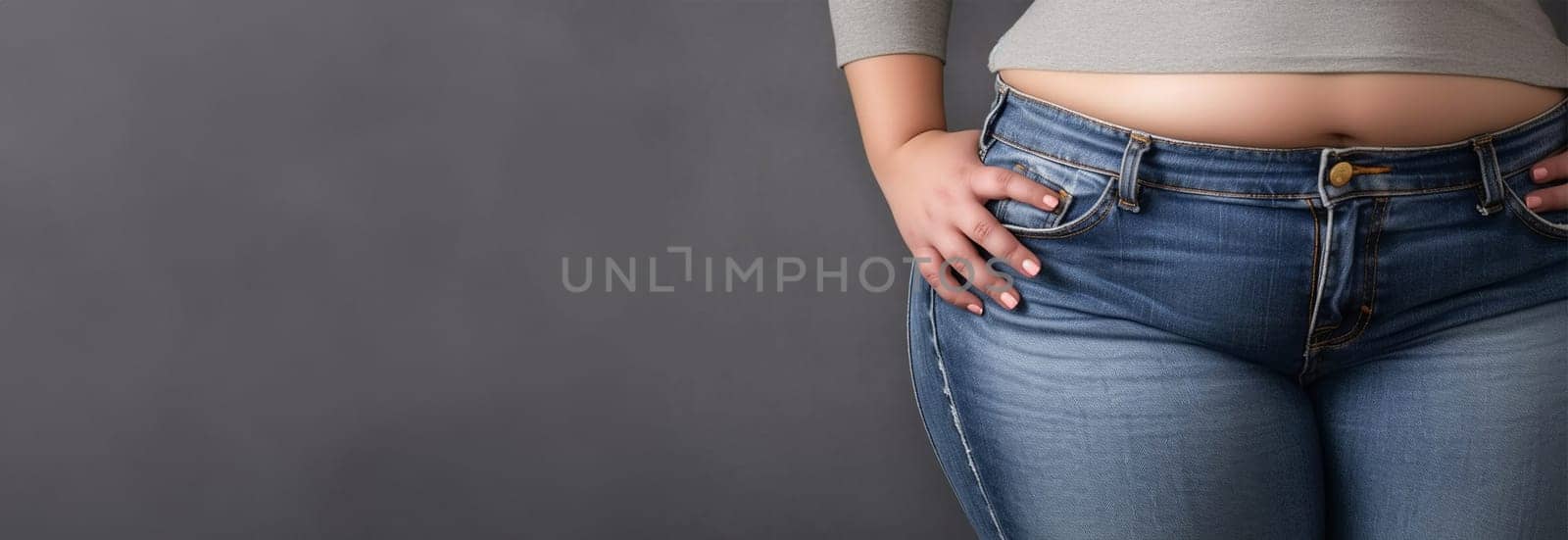 Troubled overweight woman in tight jeans clothes. Big chubby bellied in pants. Overweight person with too small clothes closeup
