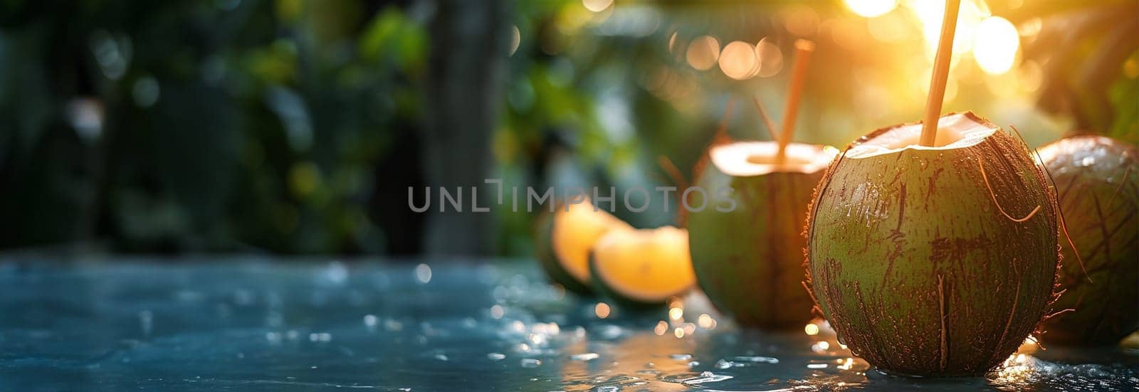 Tropical Fresh green coconut drink with paper straw and rainbow umbrella standing on wooden board near pool water tropical beach resort background with copy space . Mockup card Vacation exotic Space for text