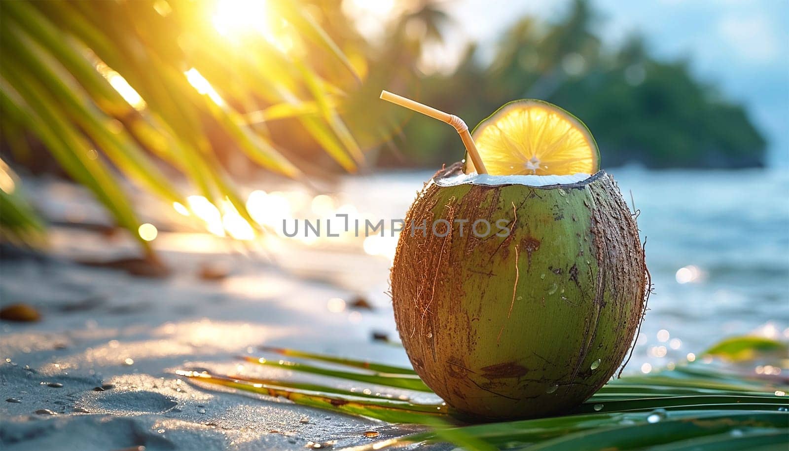 Tropical Fresh green coconut drink with paper straw and rainbow umbrella standing on wooden board near pool water tropical beach resort background with copy space . Mockup card Vacation exotic Space for text