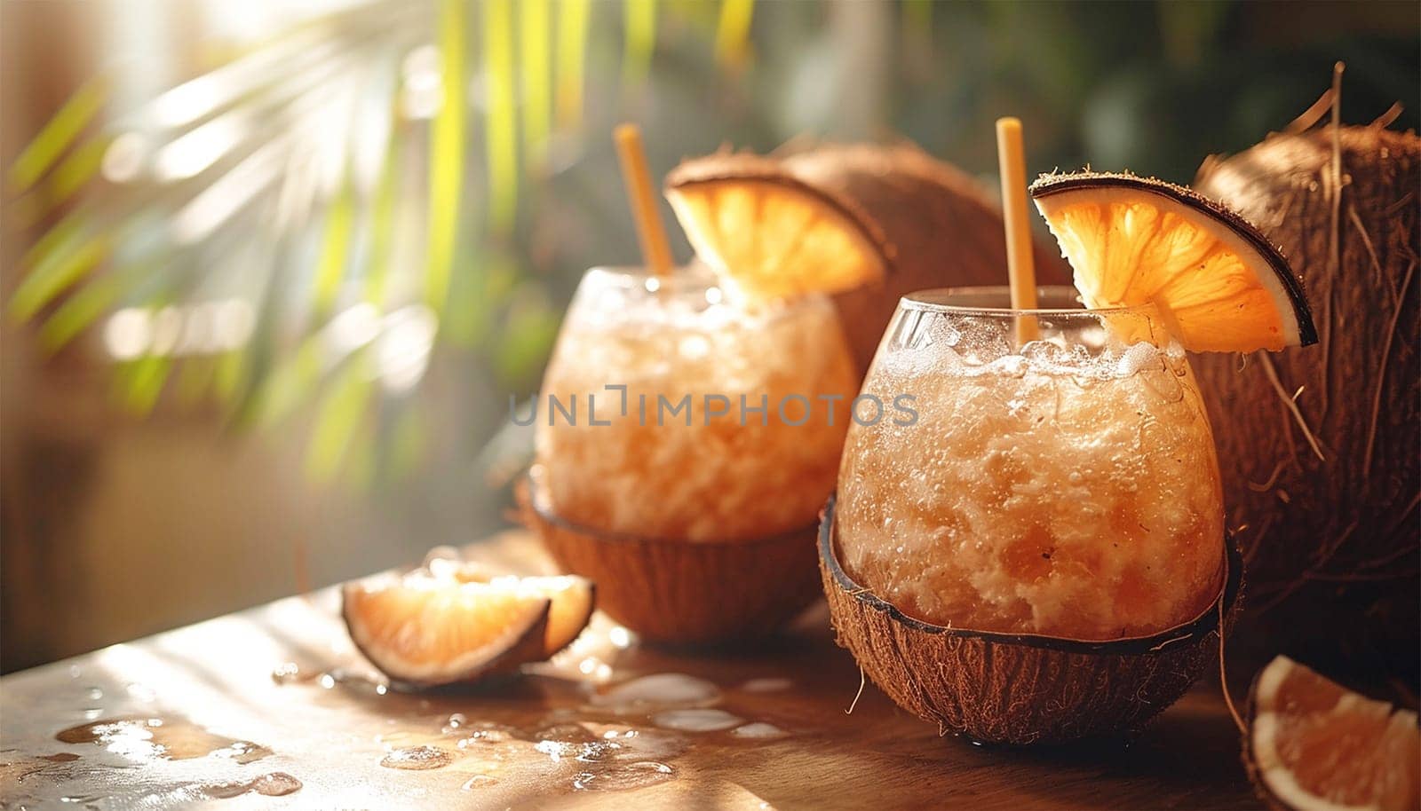 Tropical Fresh green coconut drink with paper straw and rainbow umbrella standing on wooden board near pool water tropical beach resort background with copy space . Mockup card Vacation exotic Space for text