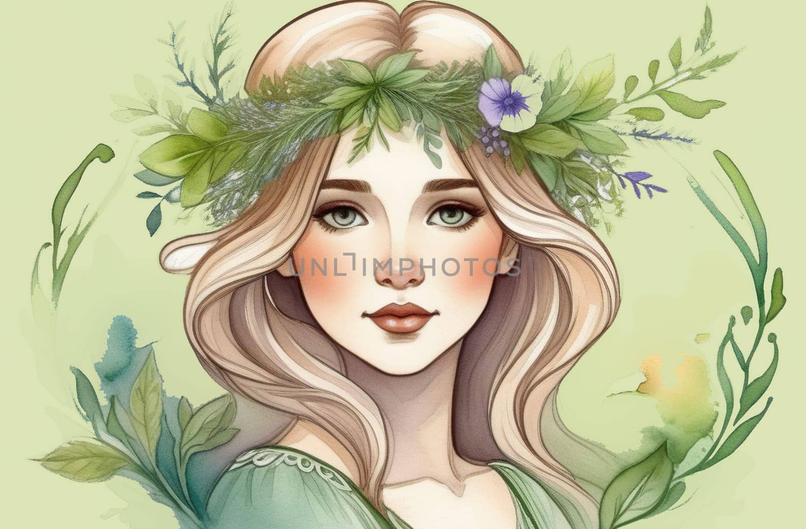 Spring mood. Beautiful young girl with fresh flowers in her blond hair. Delicate colors, shapes and lines, cosmetics, natural beauty and aesthetic cosmetology concept