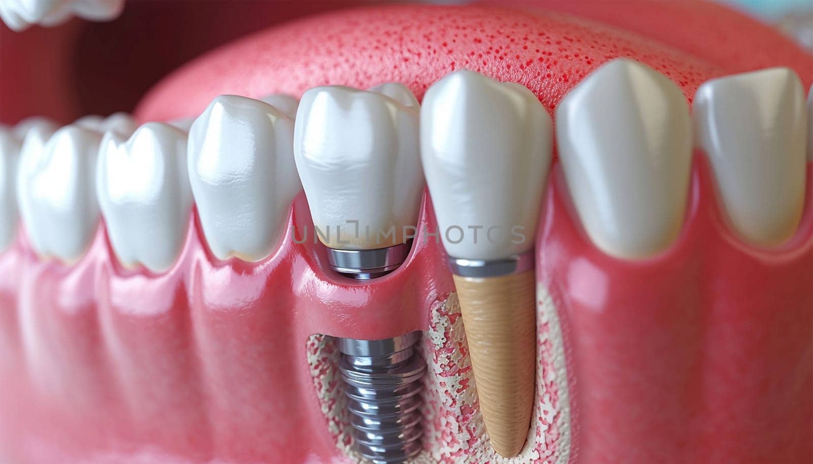 Closeup white tooth and gum with Dental implant , Human Teeth for Medical Concept, 3d illustration. Dental teeth implant healthy teeth and tooth human dentura close up