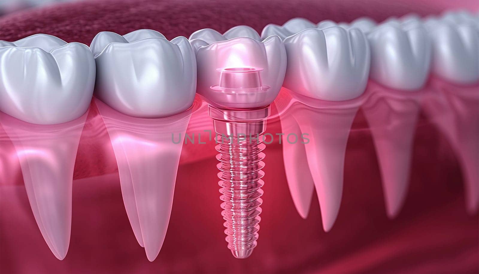 Closeup white tooth and gum with Dental implant , Human Teeth for Medical Concept, 3d illustration. Dental teeth implant healthy teeth and tooth human dentura by Annebel146